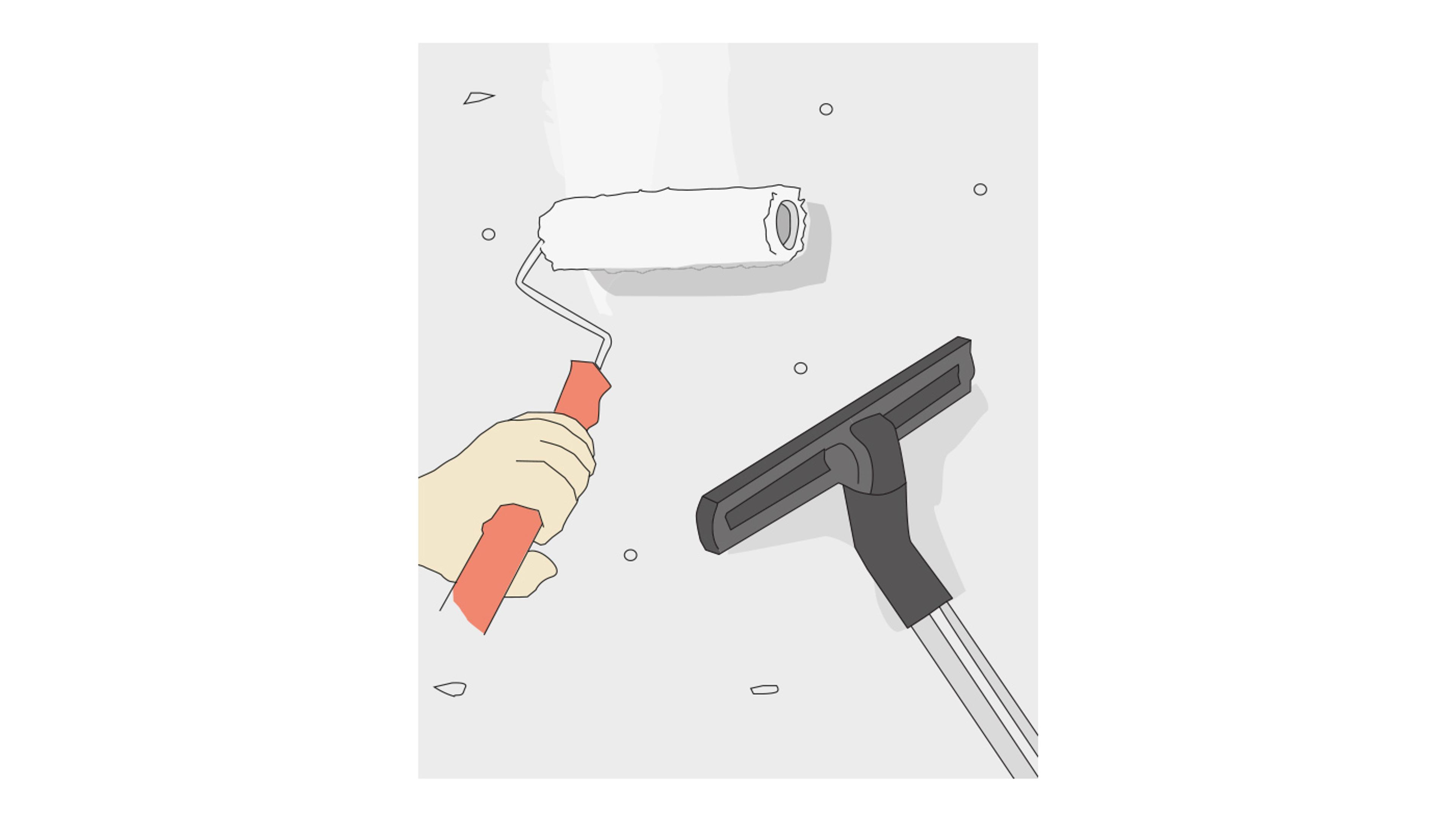 A hand paints a white wall with a roller; a vacuum cleaner nozzle is visible.