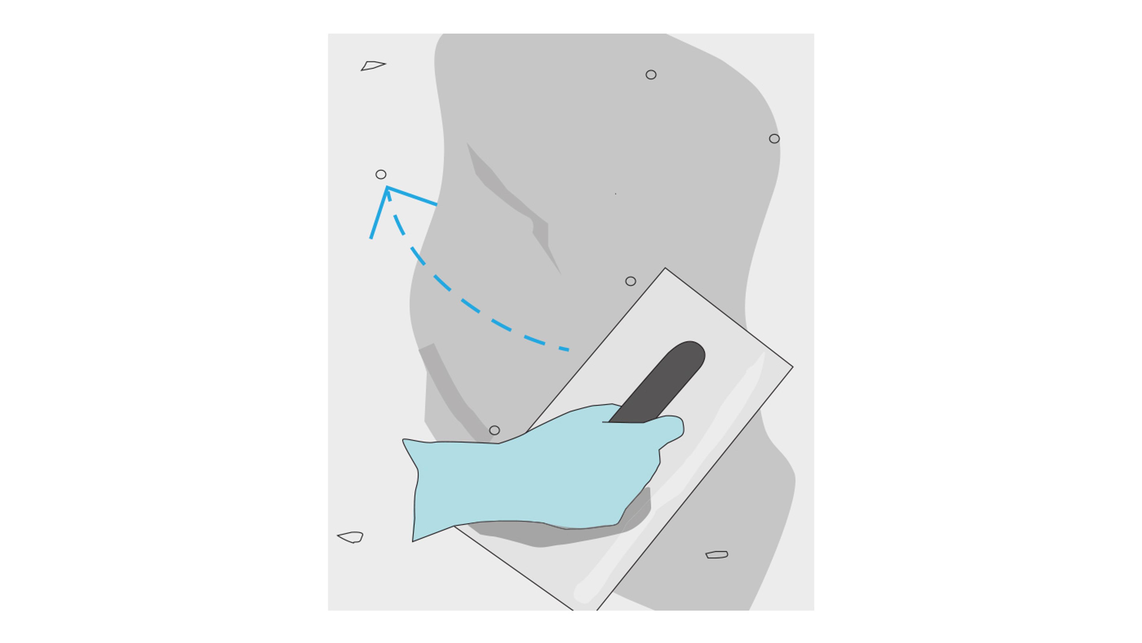 Gloved hand holding a trowel against a grey surface, with a blue dashed arrow indicating a spreading motion.