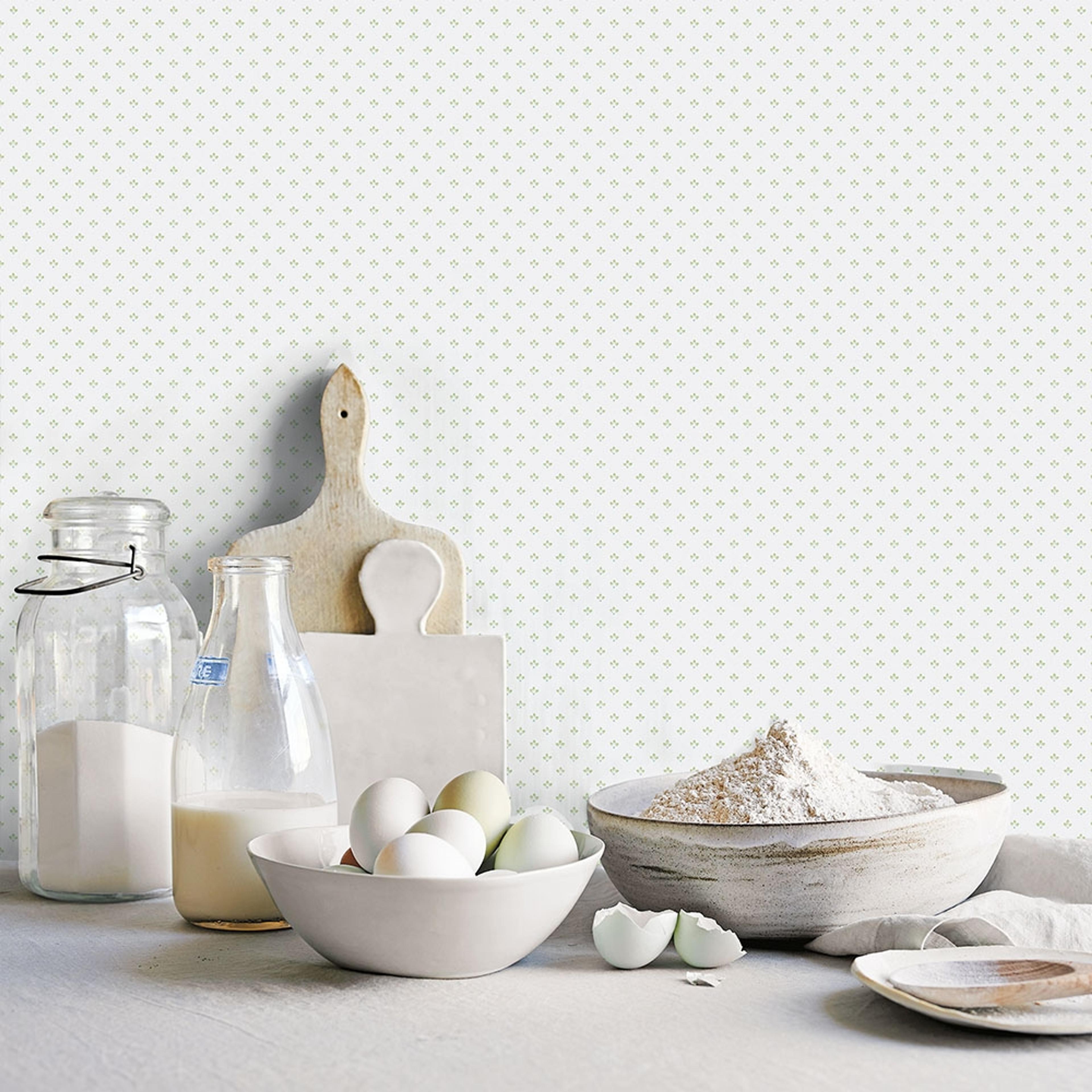 Tri Leaf tapet i vit och grön. Från kollektionen Just Kitchens. Nonwoven-material med rak passning.