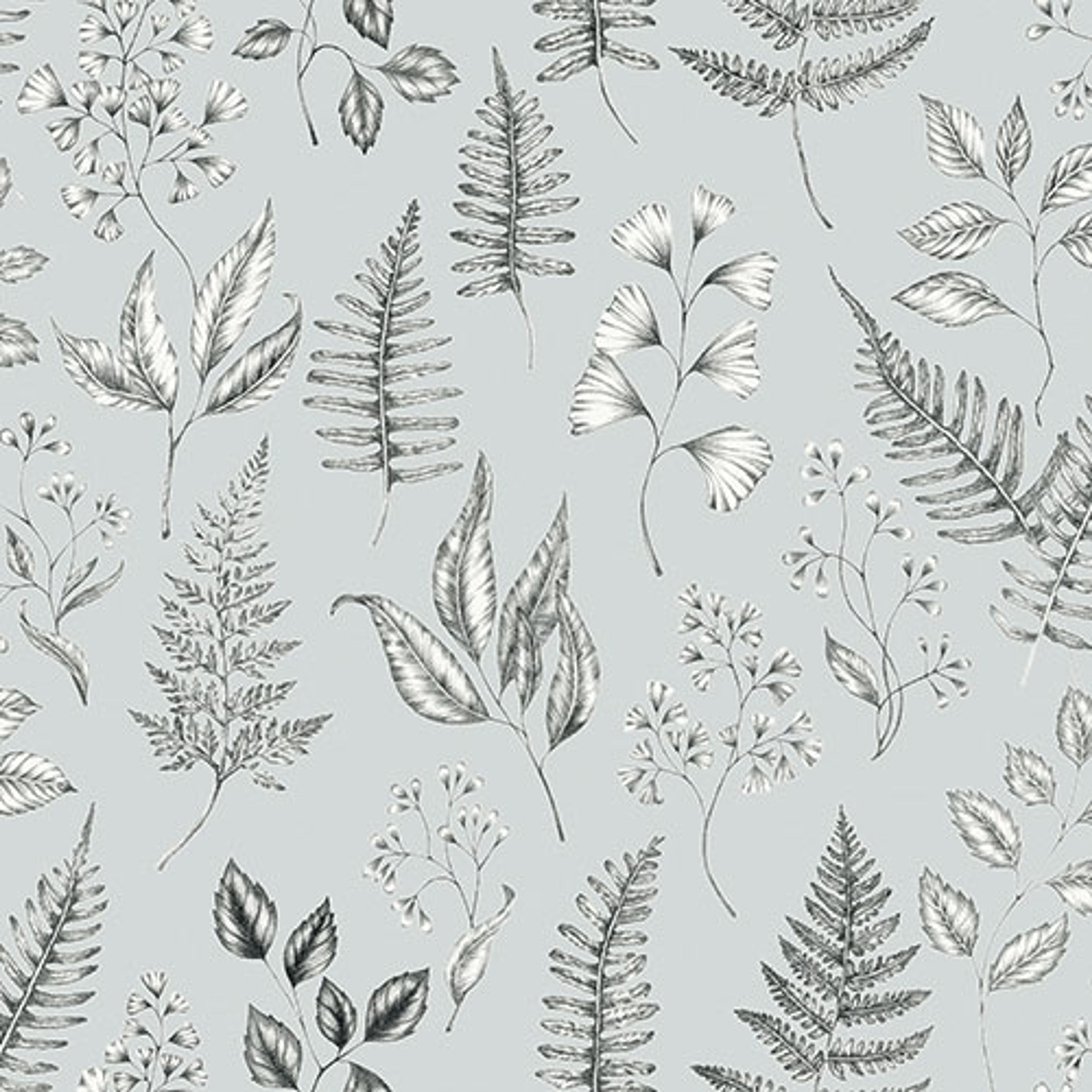 Betula tapet med botaniskt mönster i blå. Från kollektionen skogsgläntan. Nonwoven-material med förskjuten passning. Passar i vardagsrum, sovrum och matsal.