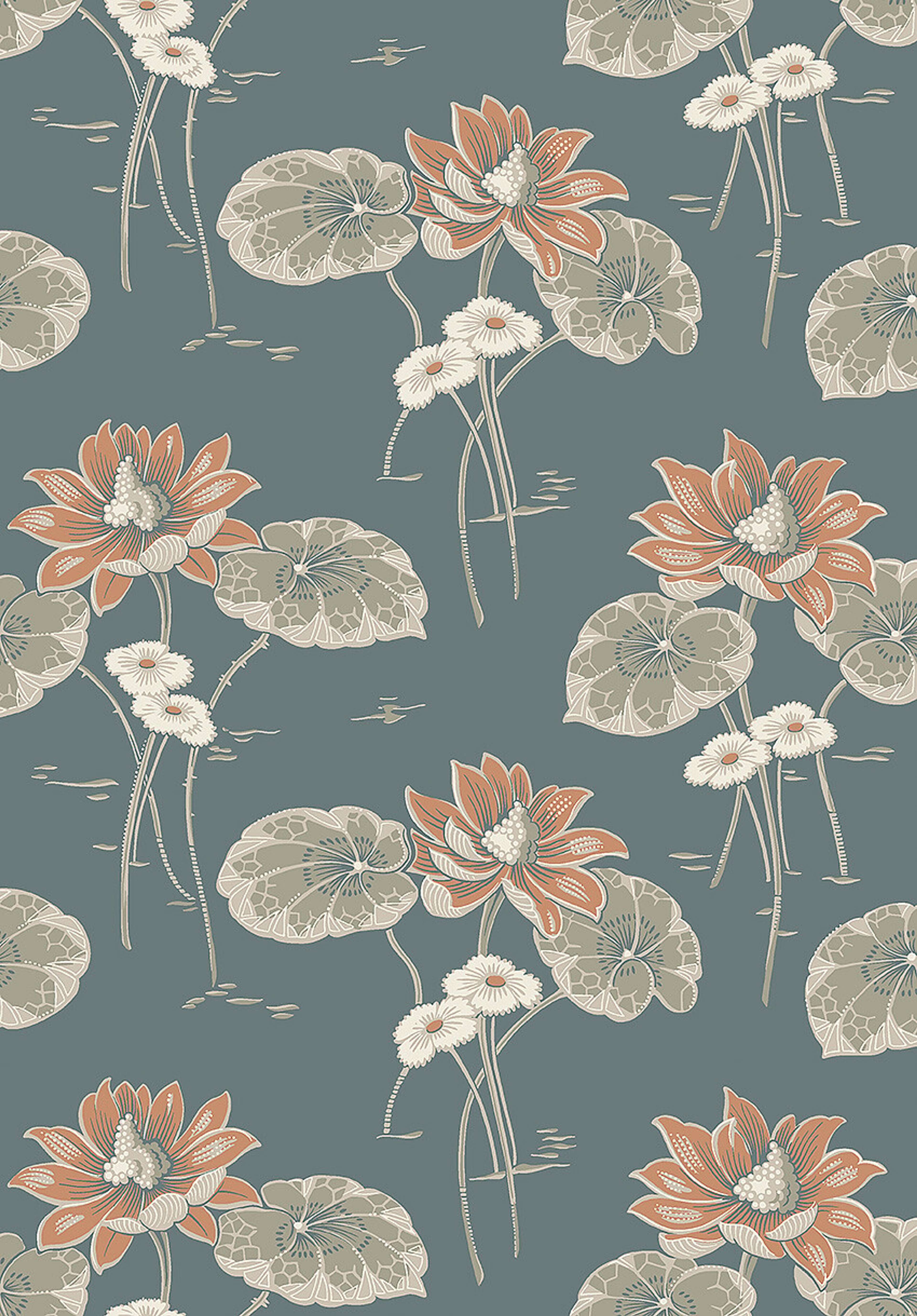 Haga tapet med blommigt mönster i blå. Från kollektionen Alla Tiders Hus. Nonwoven-material med förskjuten passning. Passar i vardagsrum, matsal och kök.