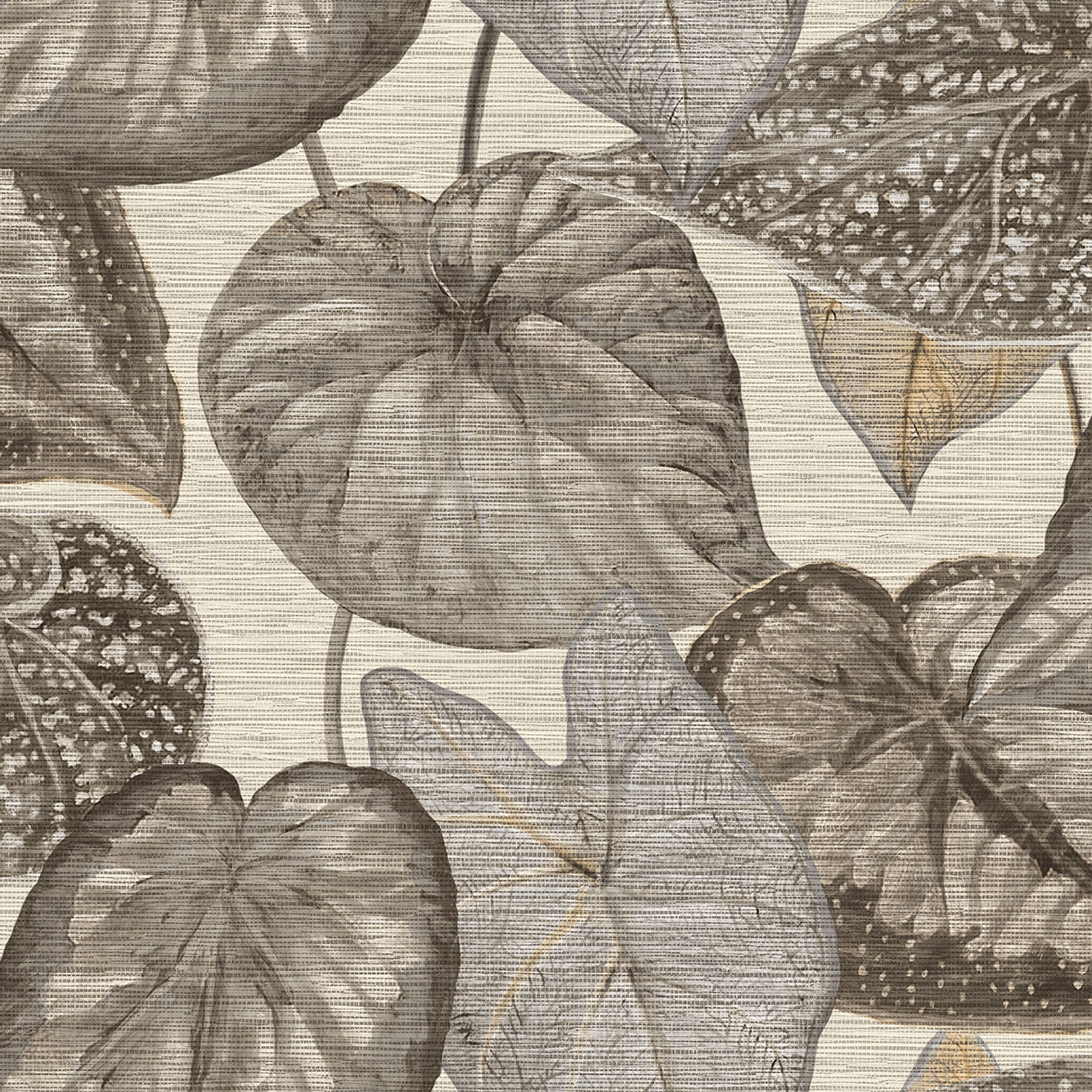 Tropical Leaves tapet med botaniskt mönster i beige. Från kollektionen Tahiti. Nonwoven-material med förskjuten passning. Passar i vardagsrum, matsal och hall.