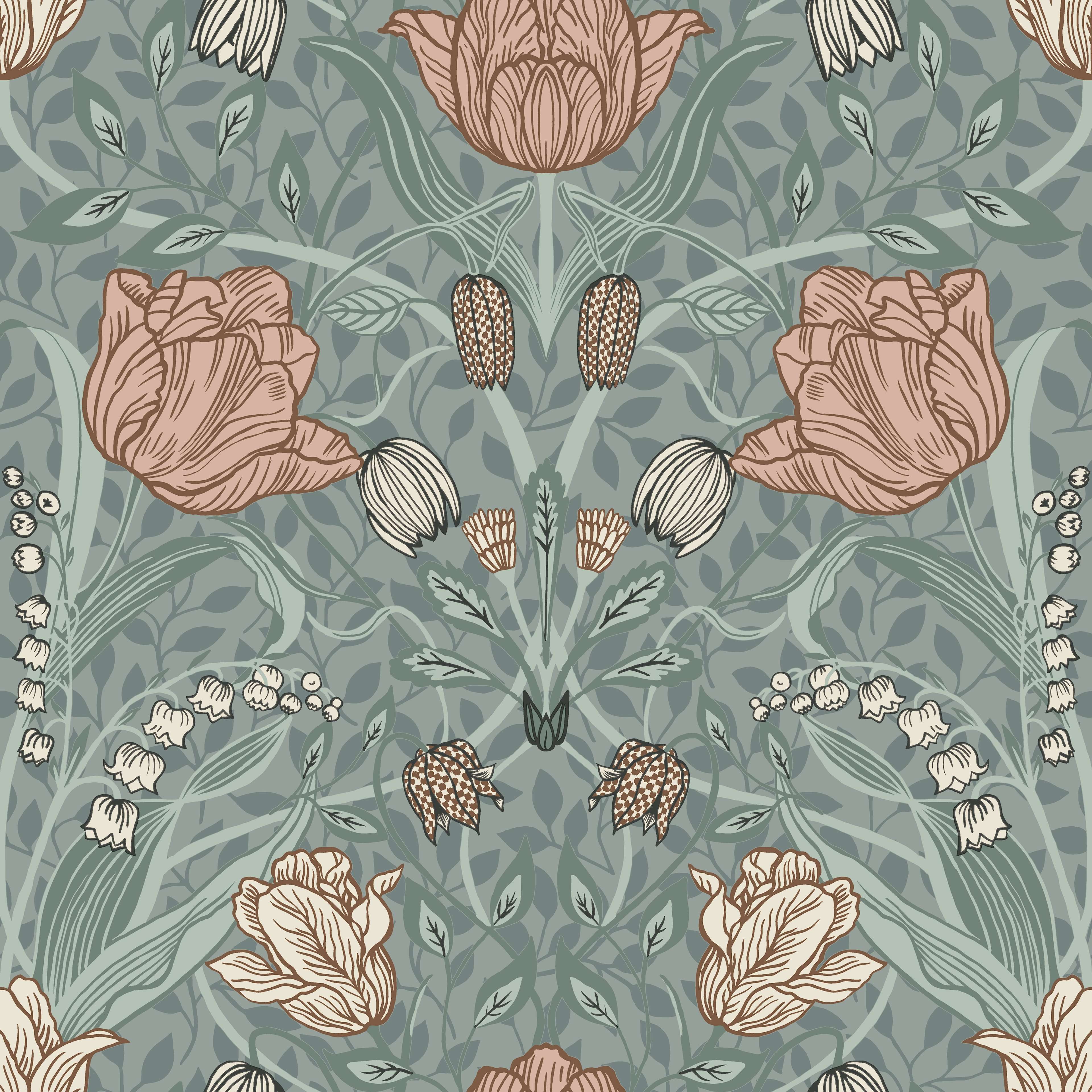 Filippa, grön tapet från Midbec med blommigt mönster i grön. Från kollektionen Apelviken. Nonwoven-material med rak passning.