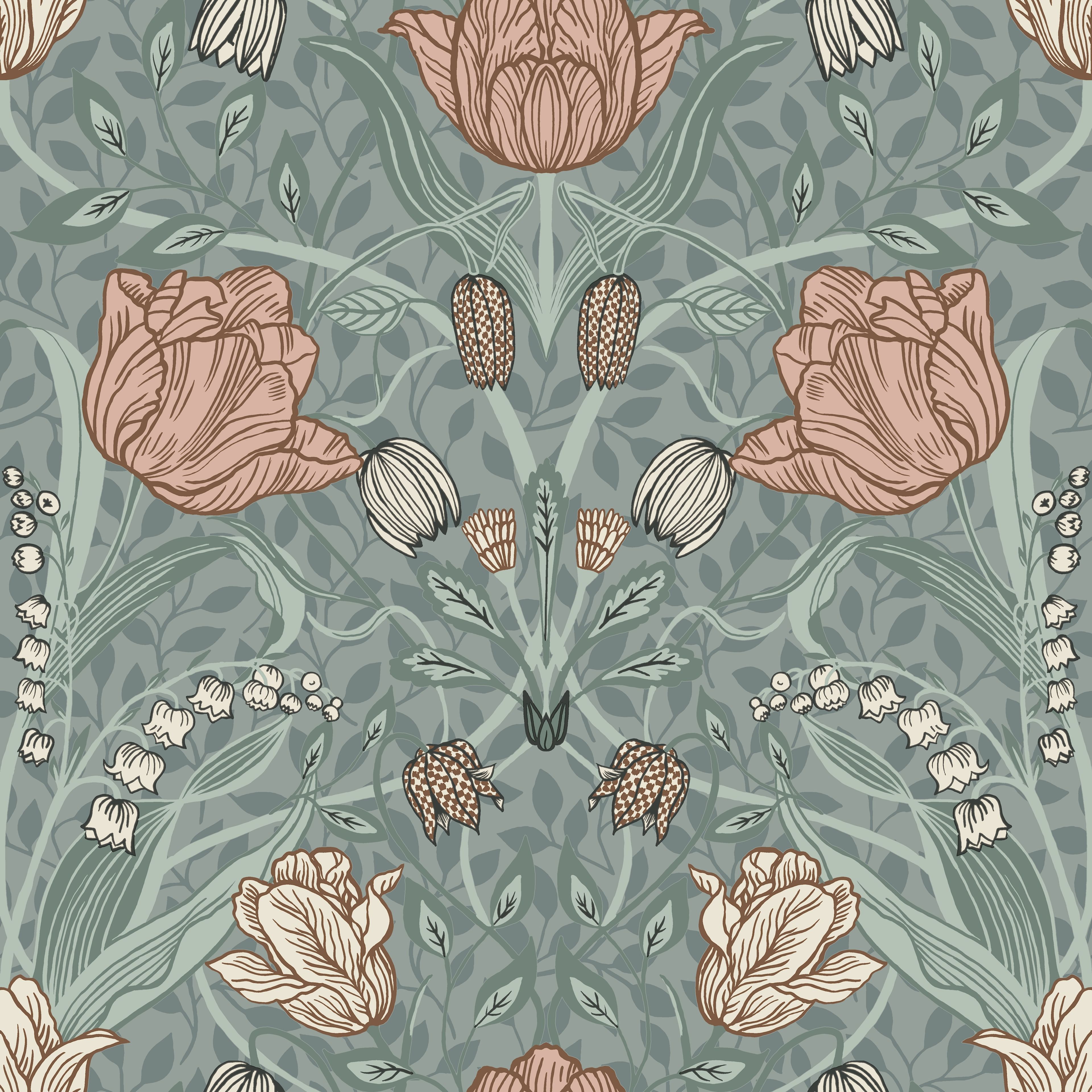 Filippa, grön tapet från Midbec med blommigt mönster i grön. Från kollektionen Apelviken. Nonwoven-material med rak passning.