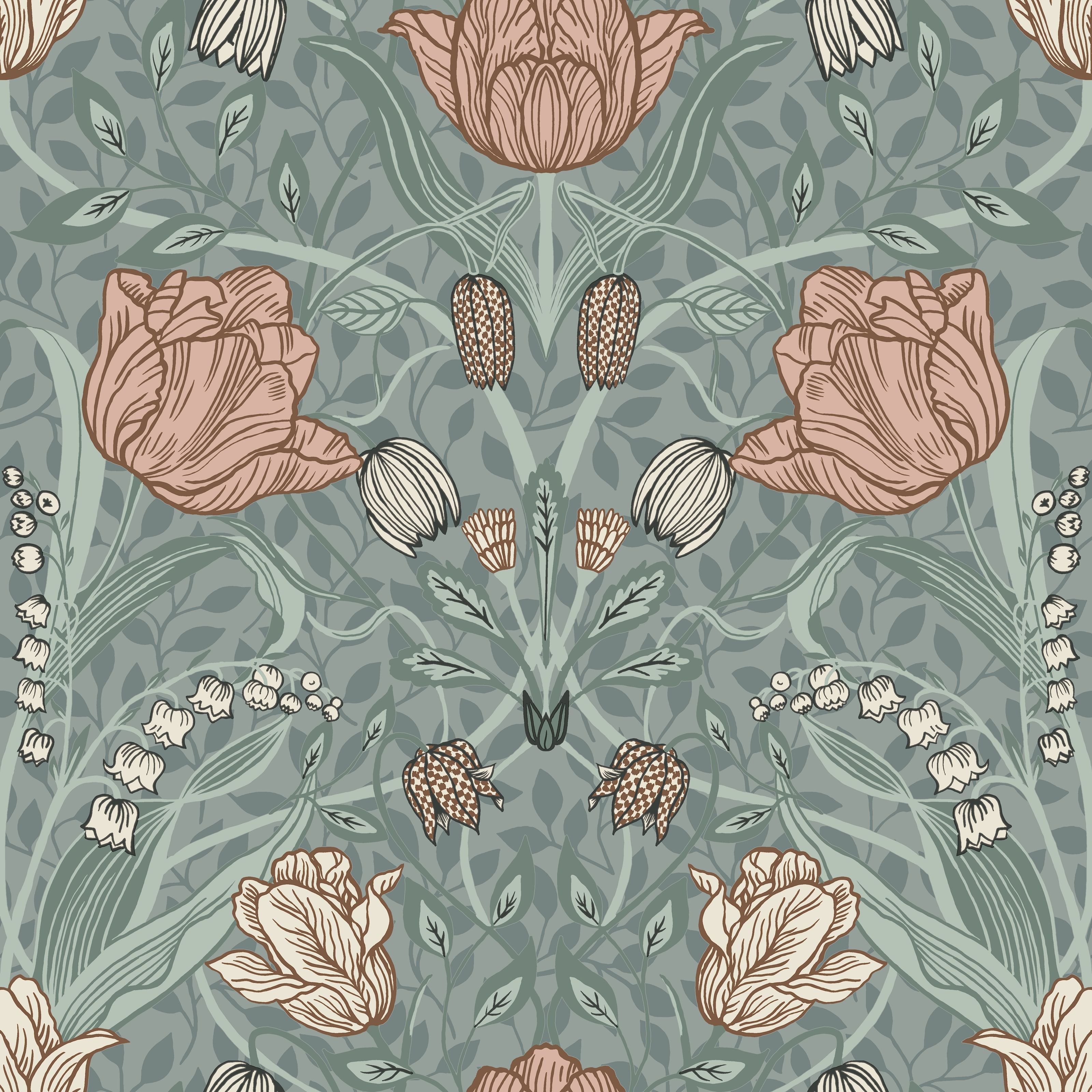 Filippa, grön tapet från Midbec med blommigt mönster i grön. Från kollektionen Apelviken. Nonwoven-material med rak passning.