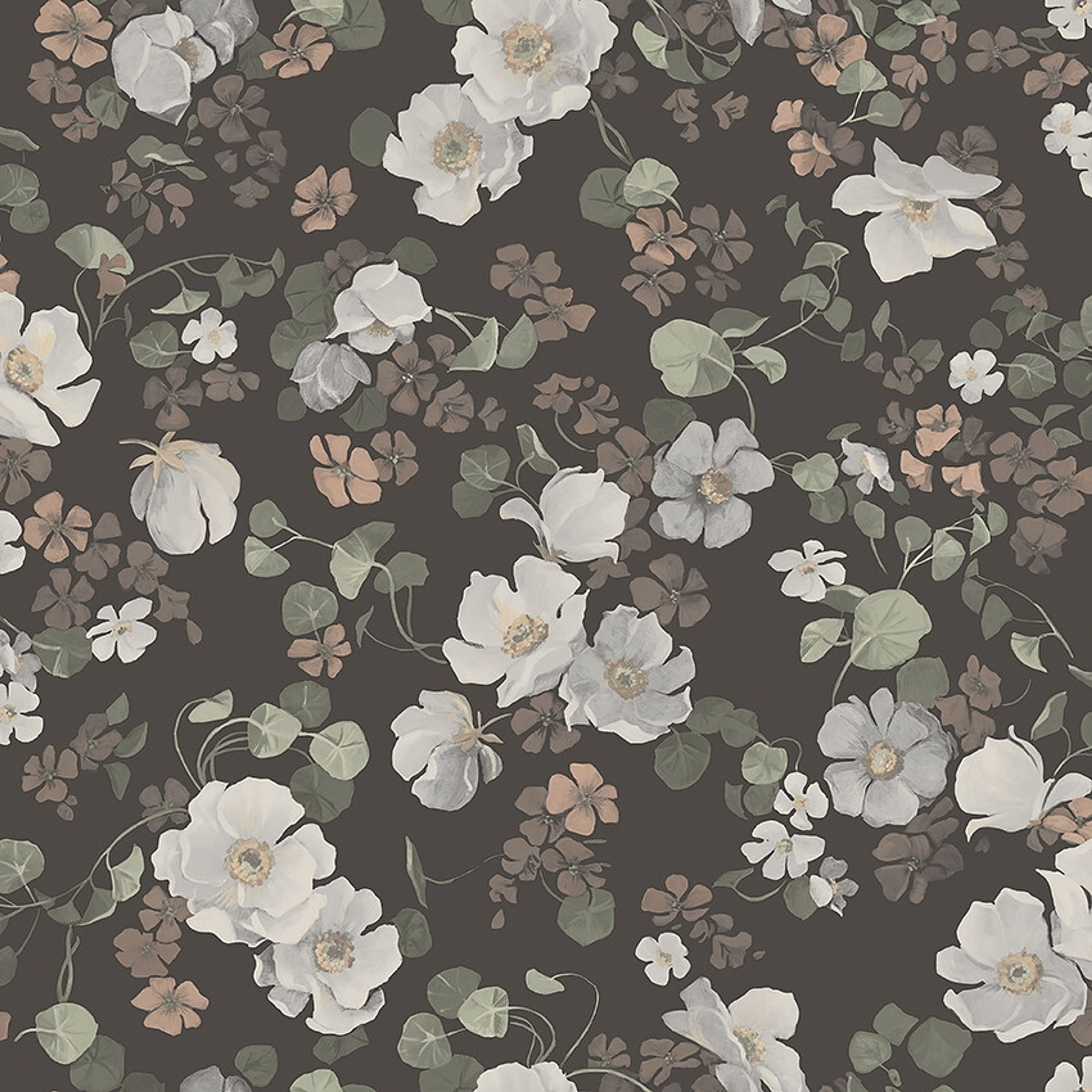 Enchanting Flower tapet tapet med blommigt mönster i brun. Från kollektionen Dreamy Escape. Nonwoven-material med förskjuten passning. Passar i vardagsrum och matsal.