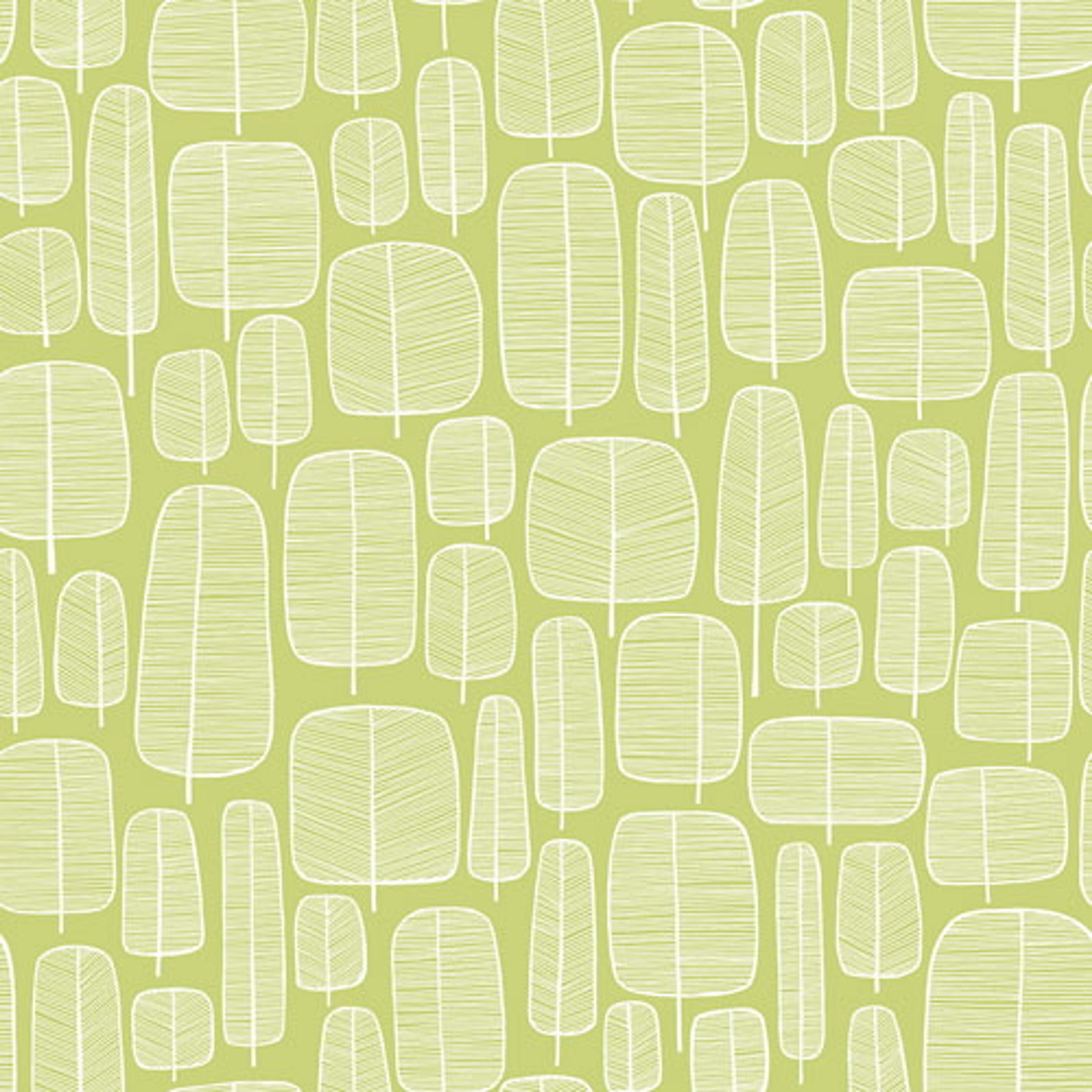 Little Trees Peagreen tapet från Midbec med botaniskt, retro mönster i grön. Från kollektionen Kinfolk. Nonwoven-material med rak passning.