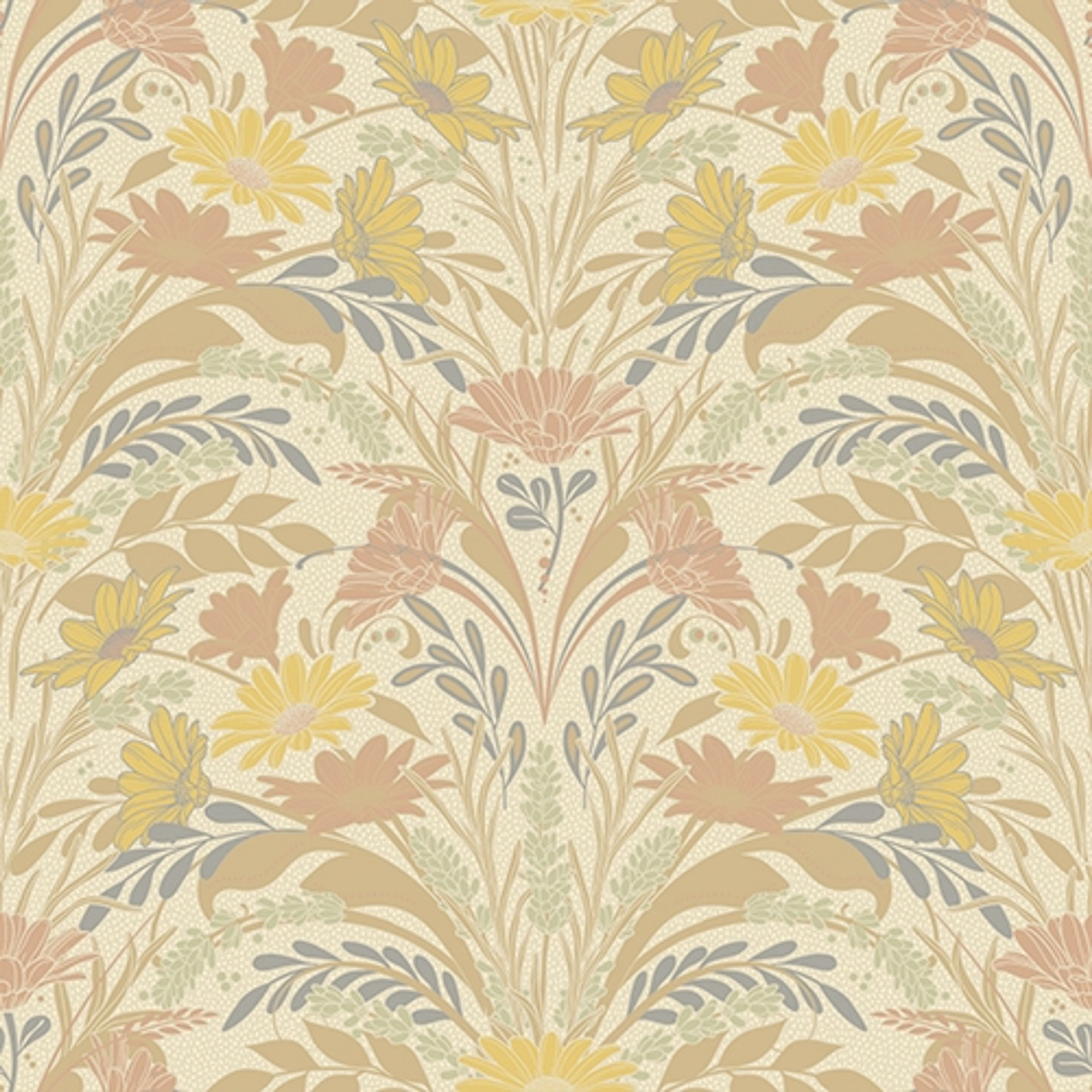 Sunnanö Värmdö, beige tapet med blommigt mönster i gul. Från kollektionen Sunnanö. Nonwoven-material med rak passning. Country, city-stil.