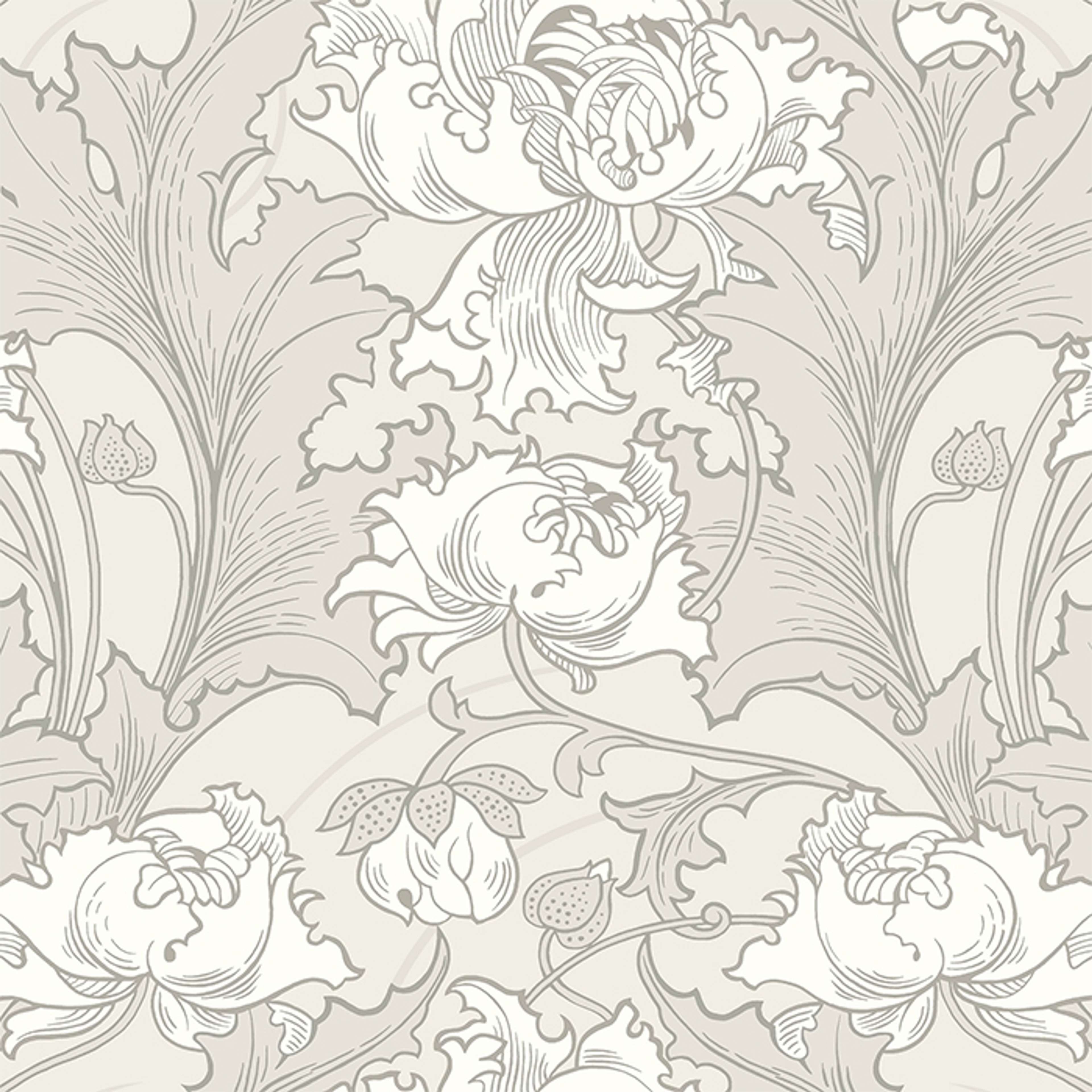 Siri tapet från Boråstapeter med botaniskt mönster i grå och beige. Från kollektionen anno. Nonwoven-material med förskjuten passning. Vintage, city-stil. Passar i sovrum och matsal.