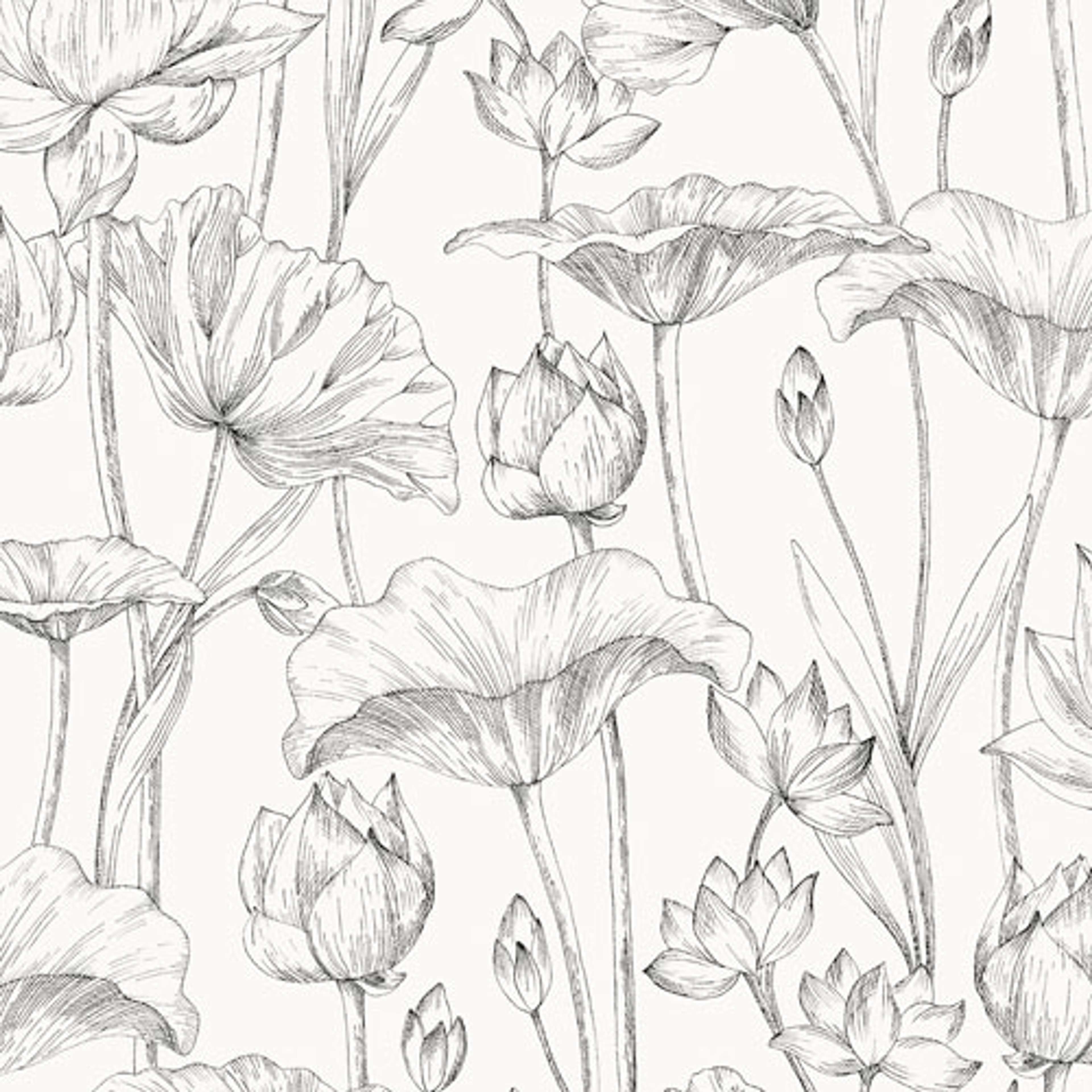 Lotus black tapet med blommigt mönster i vit. Från kollektionen lotus. Nonwoven-material med förskjuten passning.