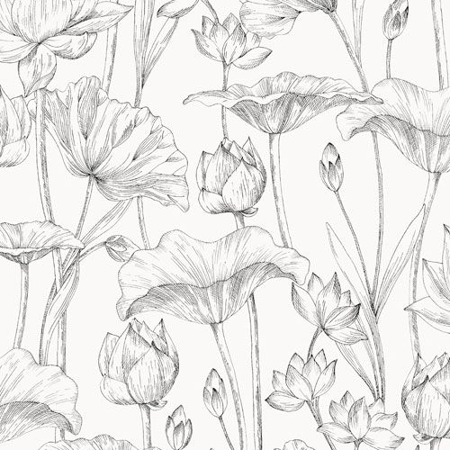 Lotus black tapet med blommigt mönster i vit. Från kollektionen lotus. Nonwoven-material med förskjuten passning.