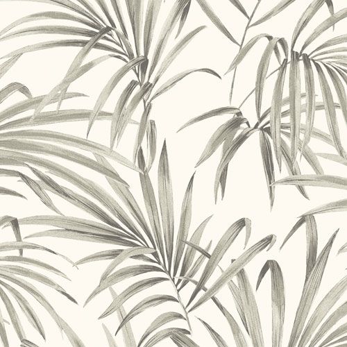 Palm sand tapet med botaniskt mönster i vit. Från kollektionen lotus. Nonwoven-material med förskjuten passning.