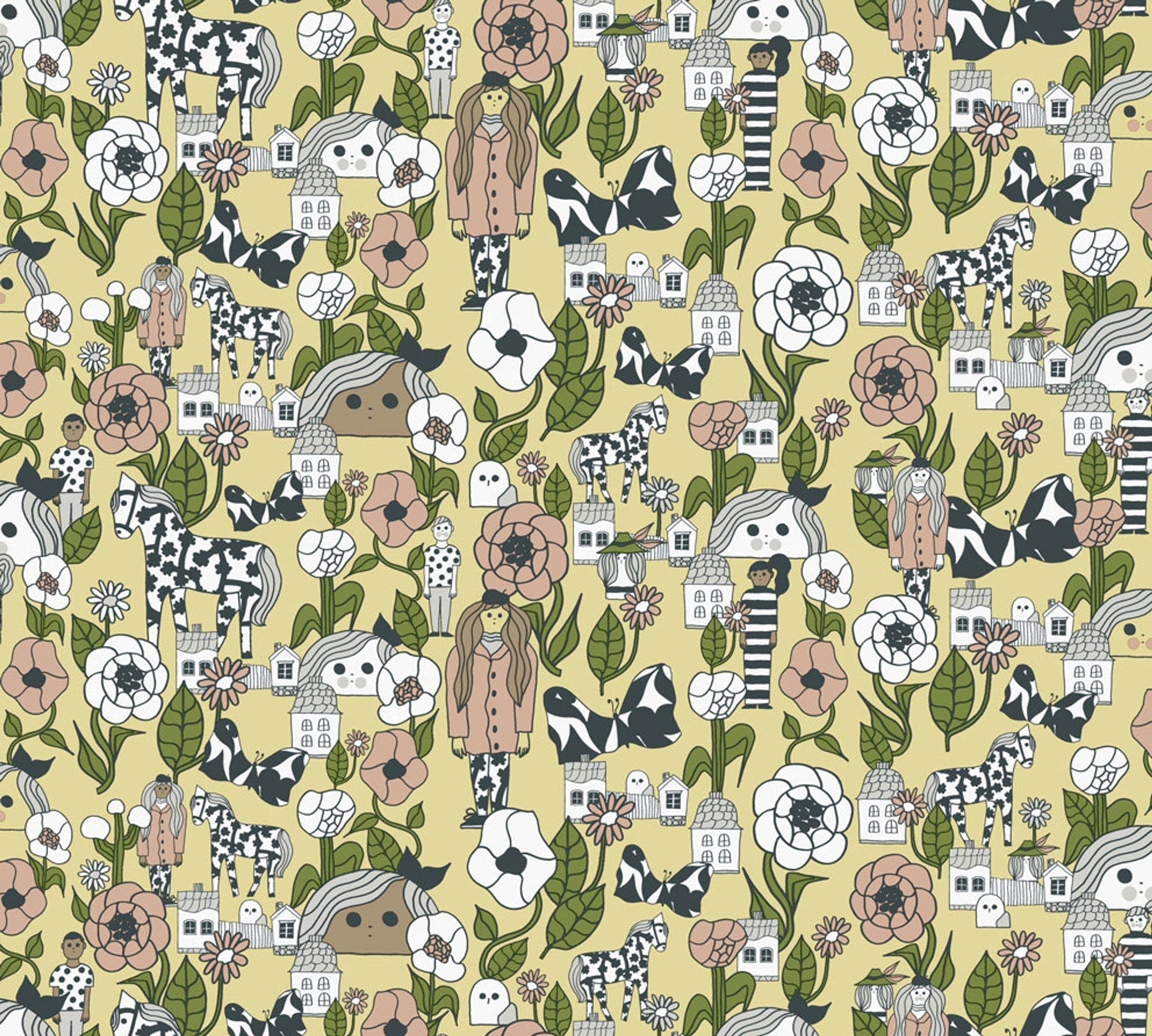 Marikyla tapet med djur mönster i gul. Från kollektionen Marimekko 6. Nonwoven-material med förskjuten passning.