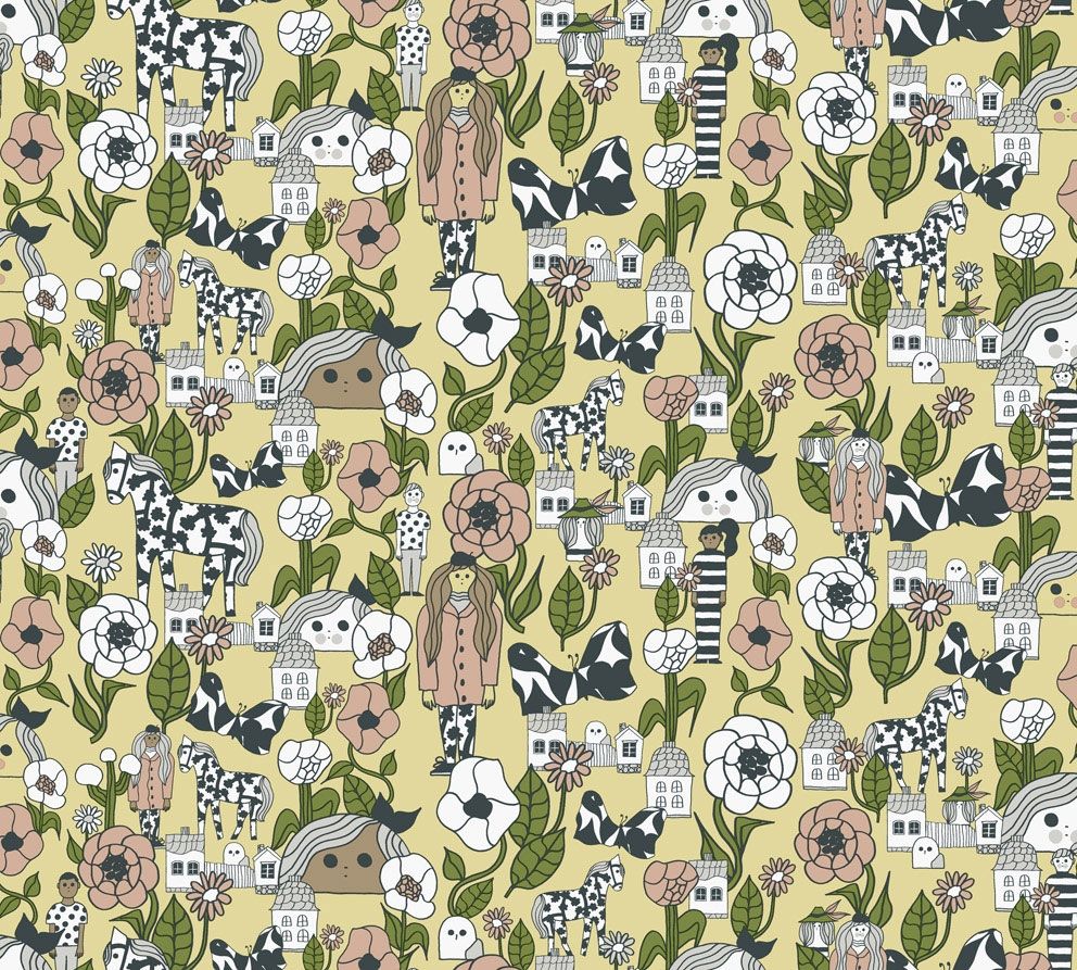 Marikyla tapet med djur mönster i gul. Från kollektionen Marimekko 6. Nonwoven-material med förskjuten passning.