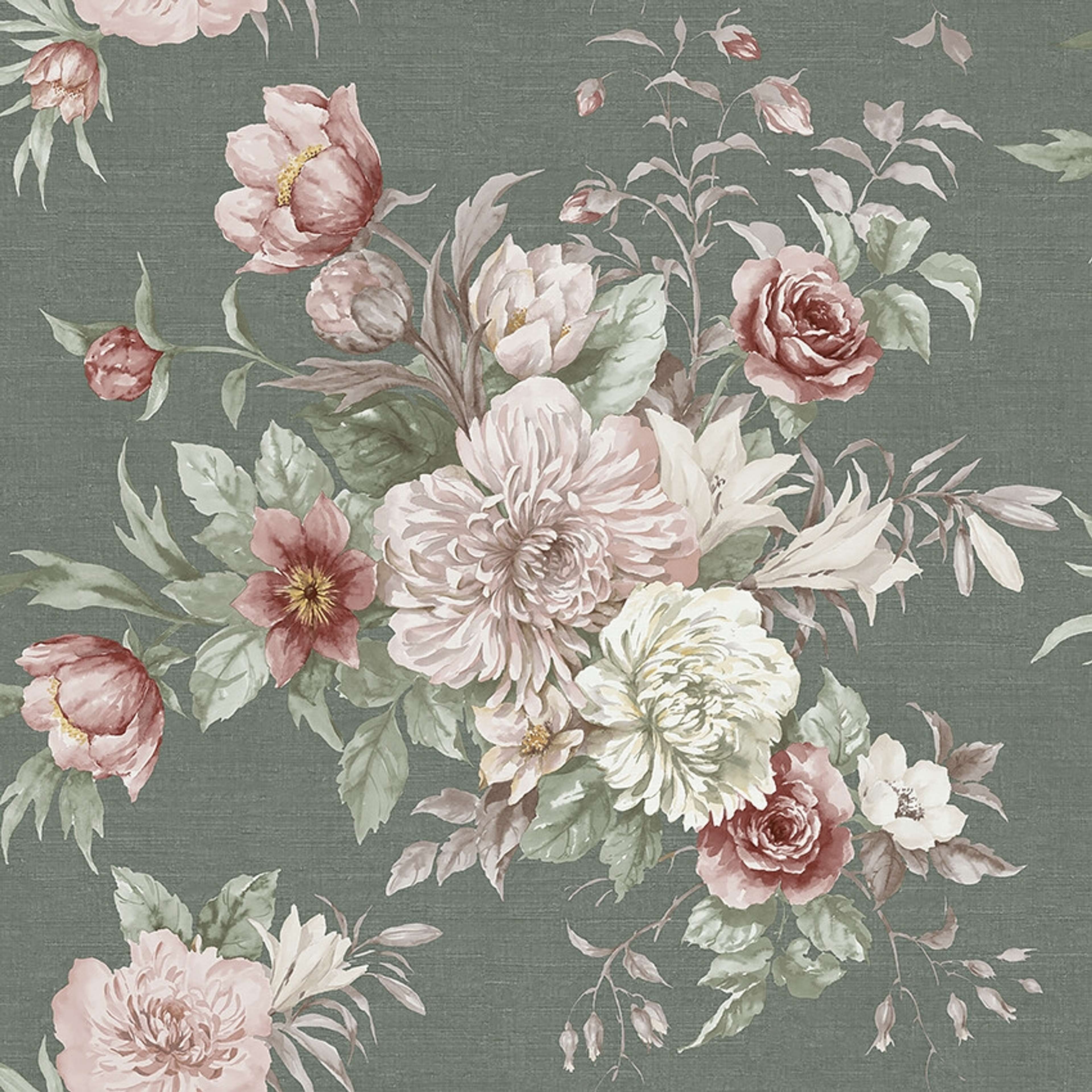 Floral Charm tapet tapet med blommigt mönster i grön. Från kollektionen Dreamy Escape. Nonwoven-material med förskjuten passning. Passar i vardagsrum och matsal.