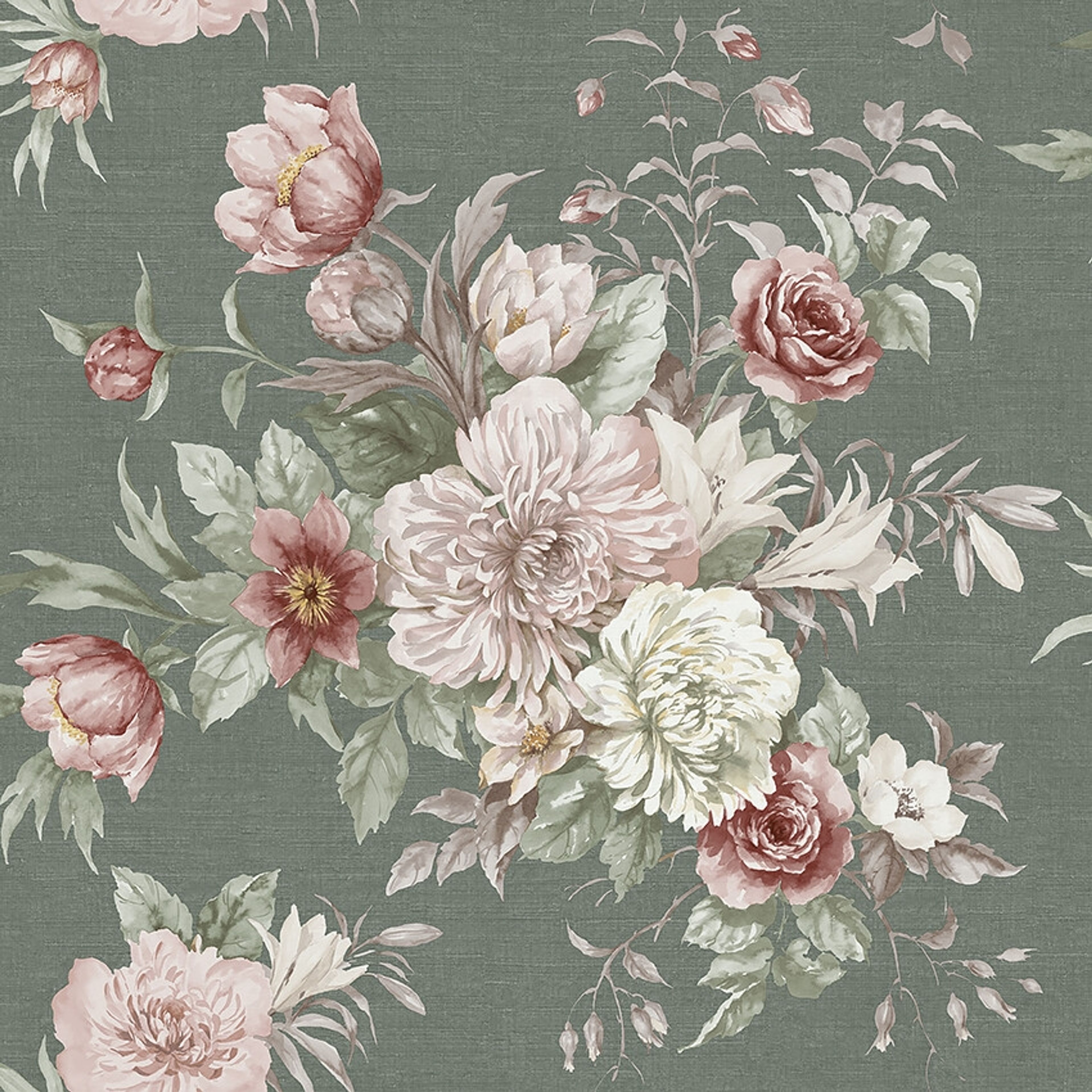 Floral Charm tapet tapet med blommigt mönster i grön. Från kollektionen Dreamy Escape. Nonwoven-material med förskjuten passning. Passar i vardagsrum och matsal.