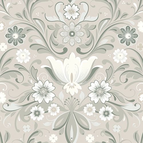 Sunnanö Östanskär, beige/ljusgrön tapet med botaniskt mönster i grå och grön. Från kollektionen Sunnanö. Nonwoven-material med förskjuten passning. Country, city-stil.