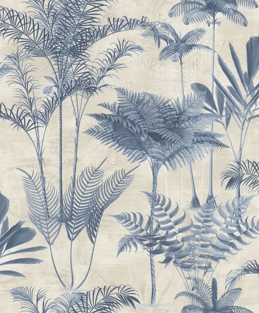 Serengeti 555127 tapet med botaniskt mönster i blå. Från kollektionen Serengeti. Nonwoven-material med förskjuten passning. Passar i vardagsrum och matsal.