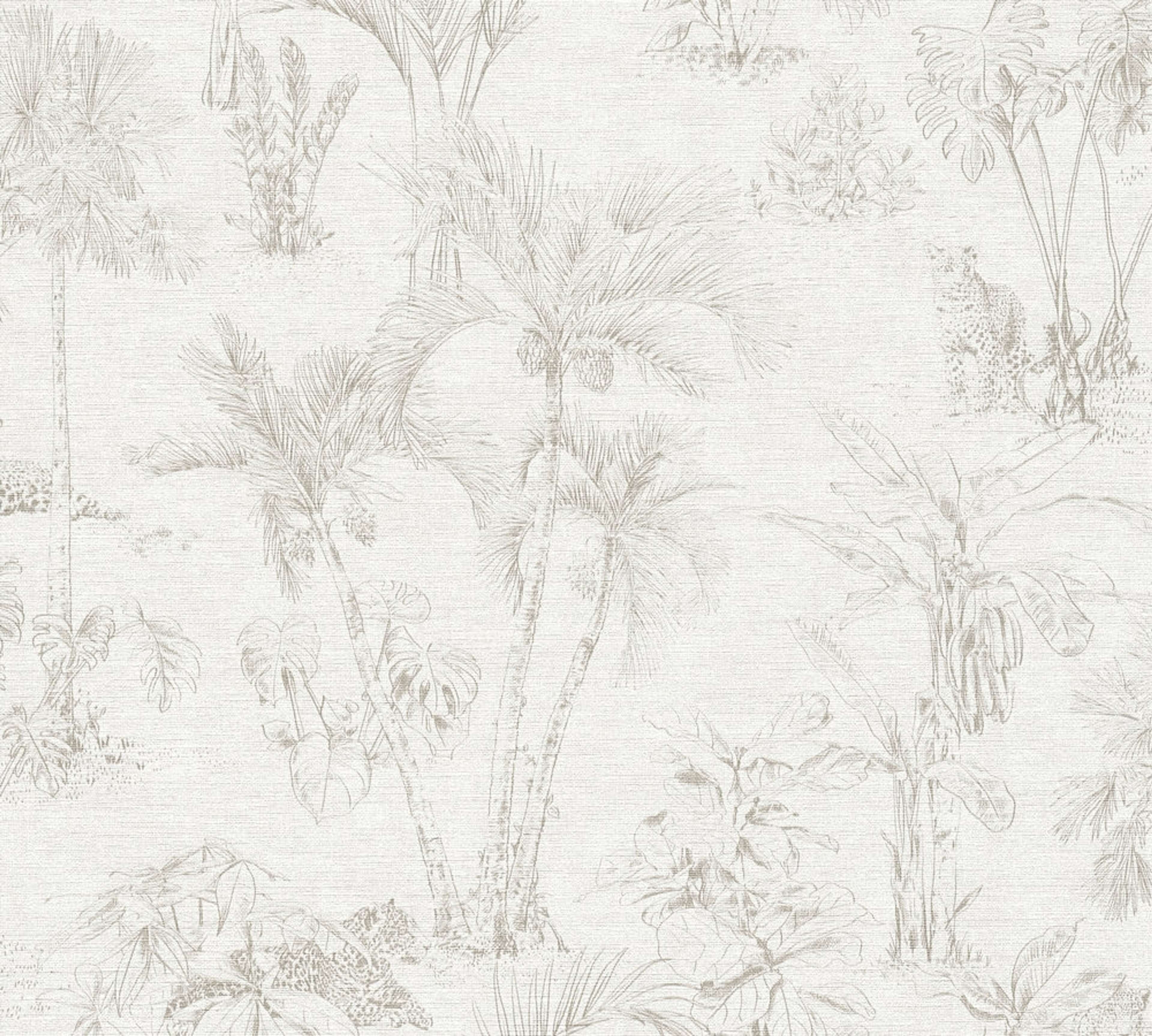 Aruba Palmtrees tapet med djur mönster i beige. Från kollektionen Aruba. Nonwoven-material med förskjuten passning. Passar i vardagsrum och matsal.