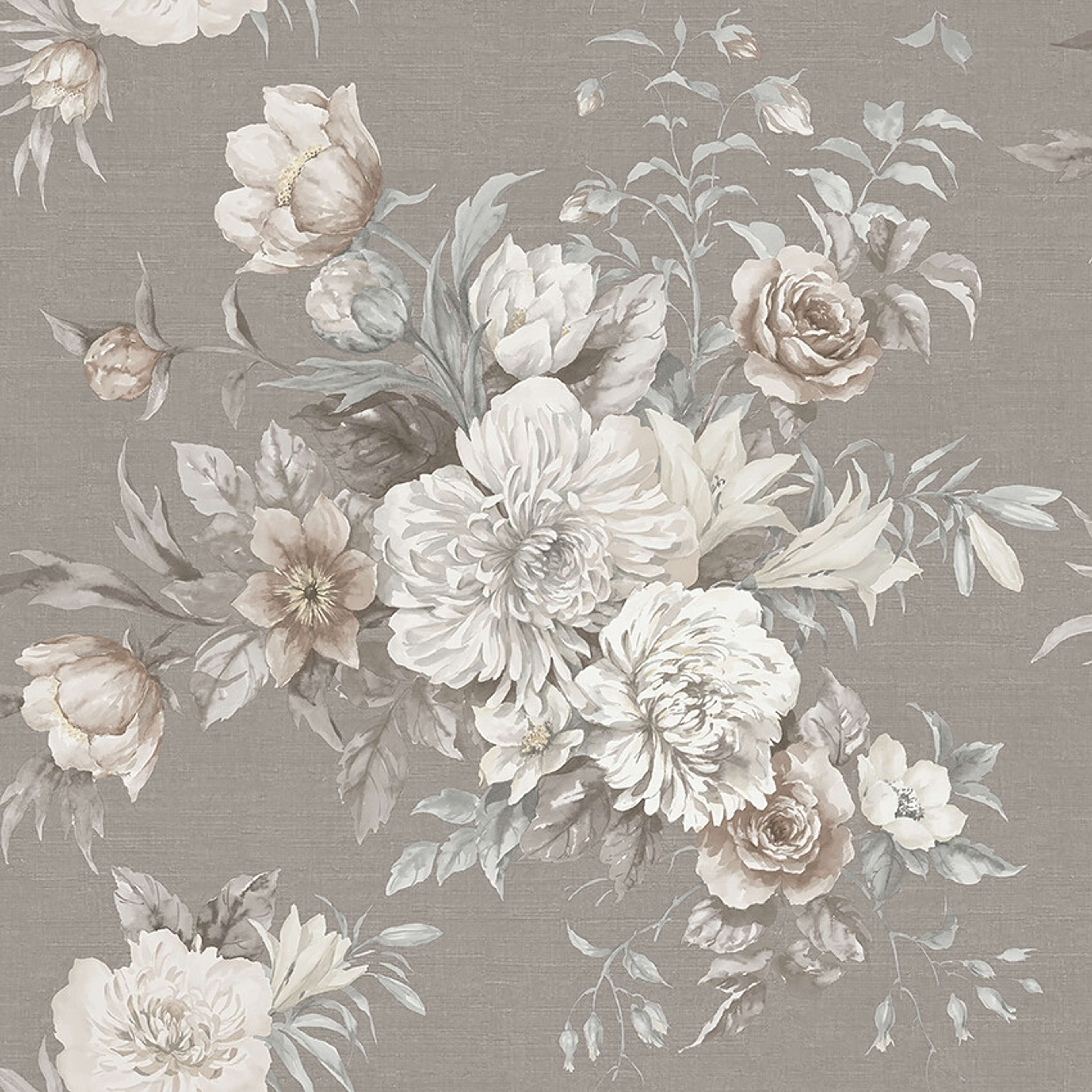 Floral Charm tapet tapet med blommigt mönster i grå. Från kollektionen Dreamy Escape. Nonwoven-material med förskjuten passning. Passar i vardagsrum och matsal.