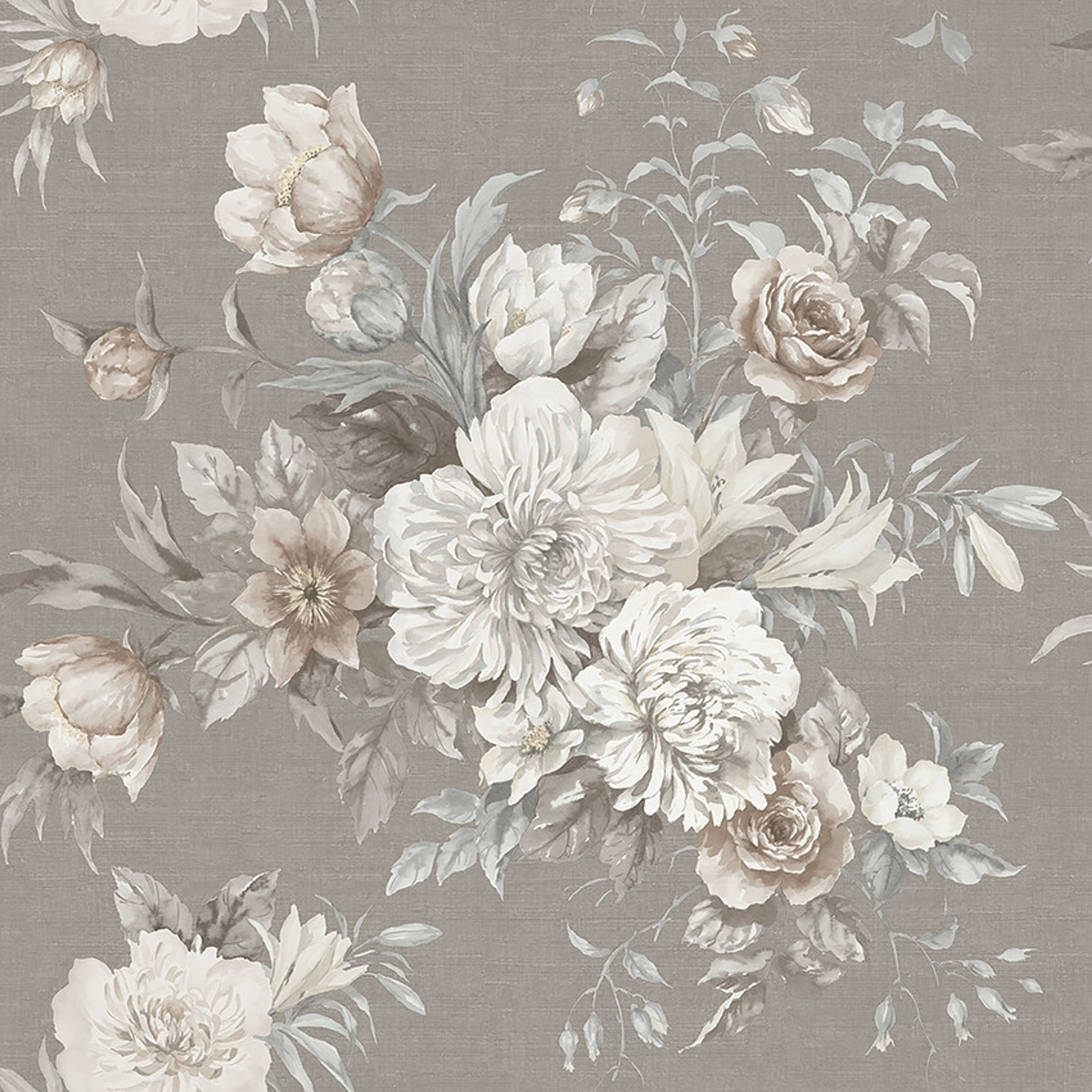 Floral Charm tapet tapet med blommigt mönster i grå. Från kollektionen Dreamy Escape. Nonwoven-material med förskjuten passning. Passar i vardagsrum och matsal.