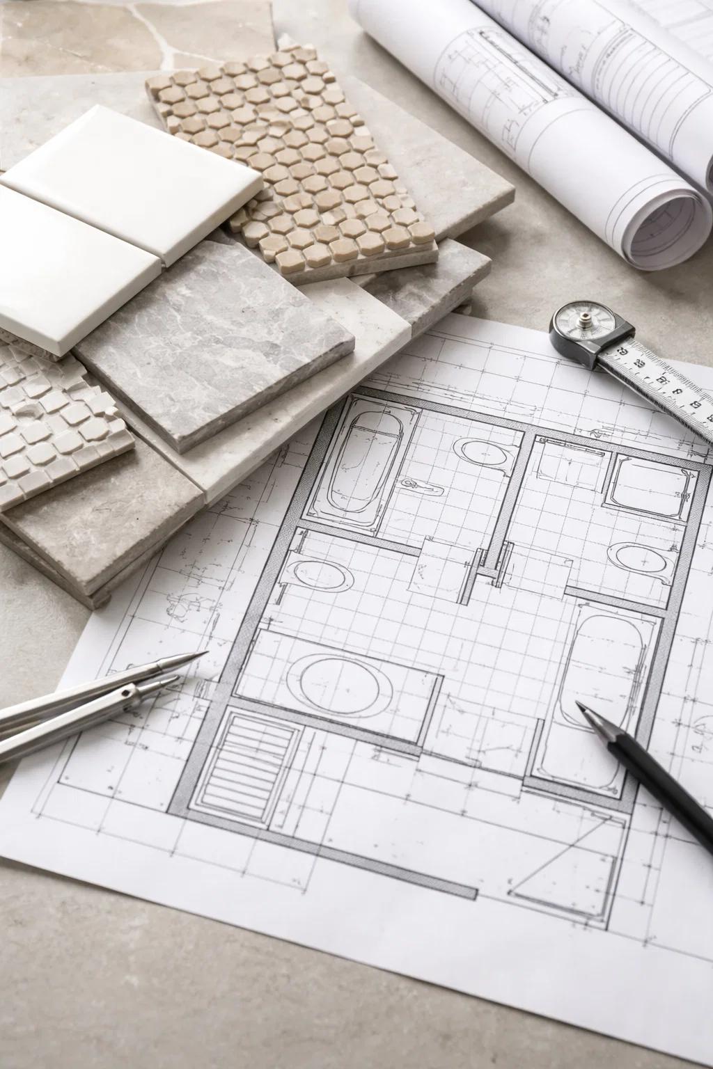 Bathroom design blueprint with tile samples, rolled plans, and drafting tools.