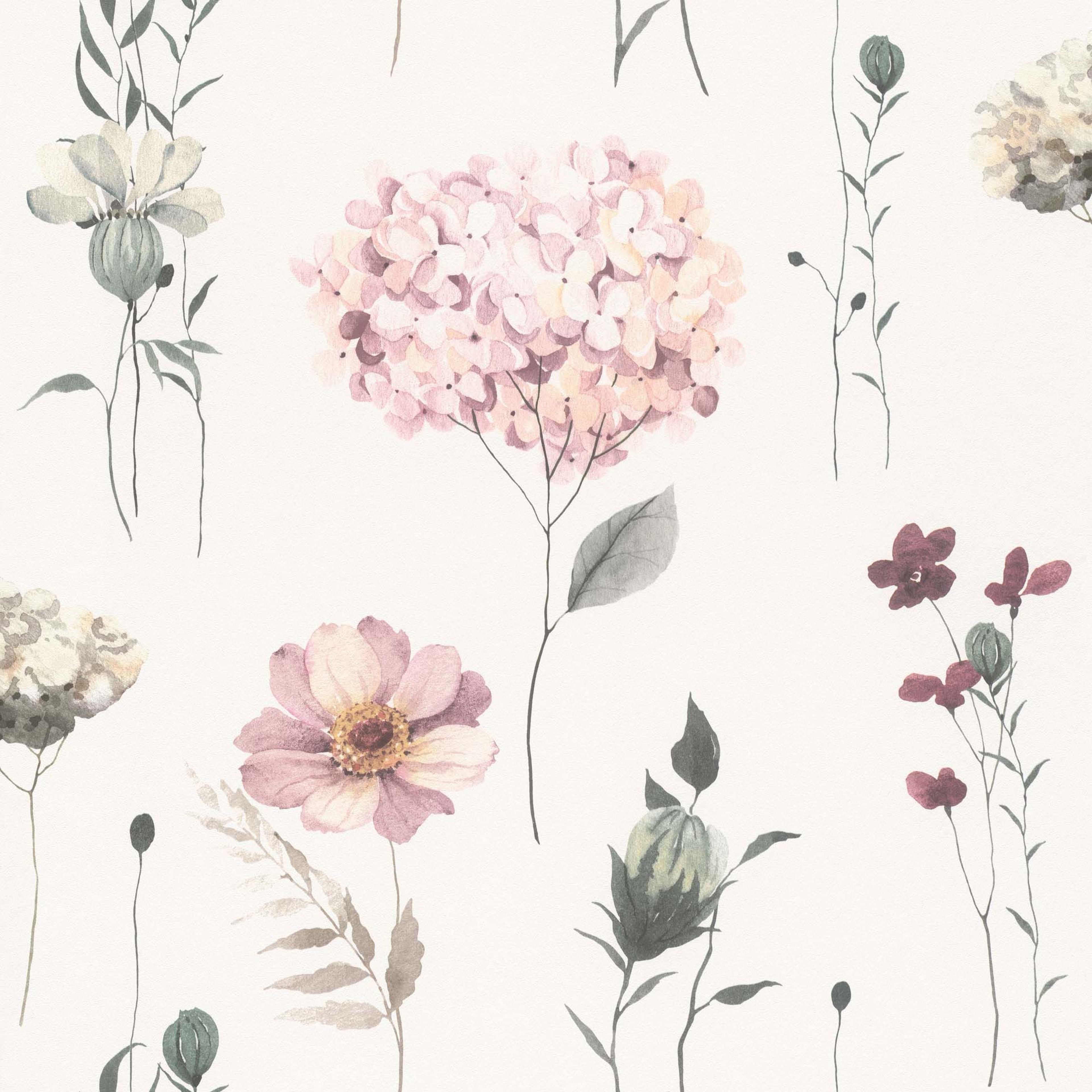 Kids World tapet med blommigt mönster i vit. Från kollektionen Kids World. Nonwoven-material med förskjuten passning. Passar i sovrum, barnrum och arbetsrum.