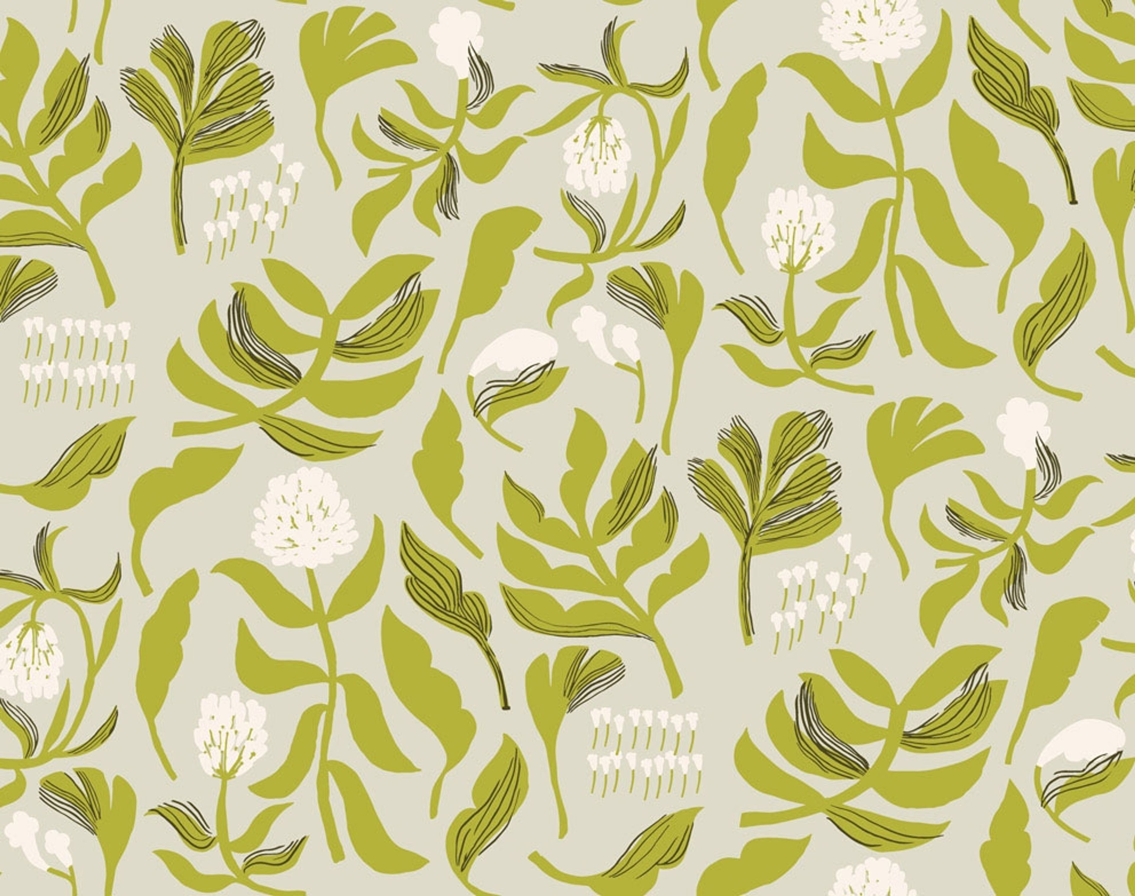 Kasvio tapet med blommigt mönster i grå. Från kollektionen Marimekko 6. Nonwoven-material med förskjuten passning.