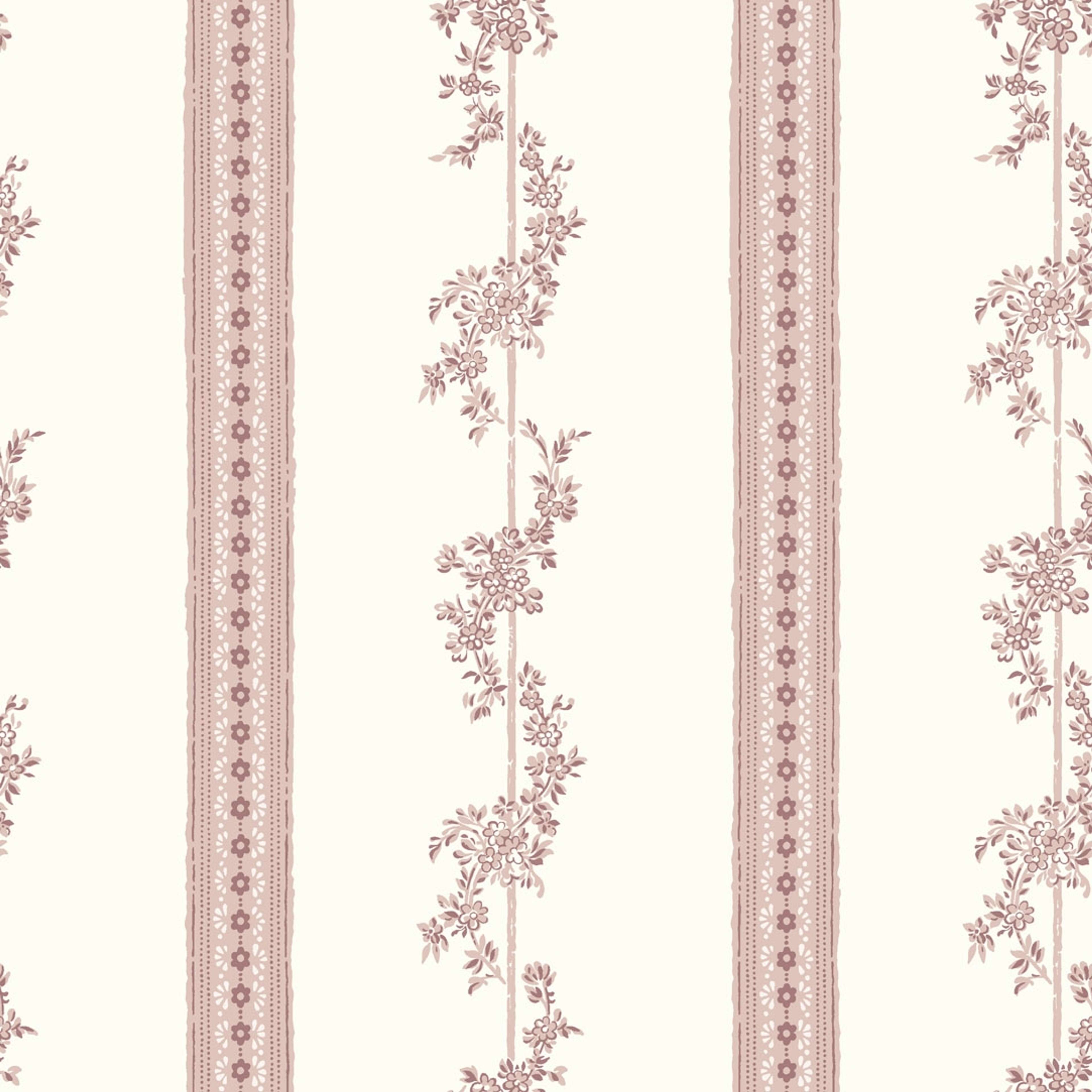 Drottningholm tapet från Boråstapeter med randigt, blommigt mönster i vit, röd och rosa. Från kollektionen anno. Nonwoven-material med rak passning. Passar i sovrum och matsal.