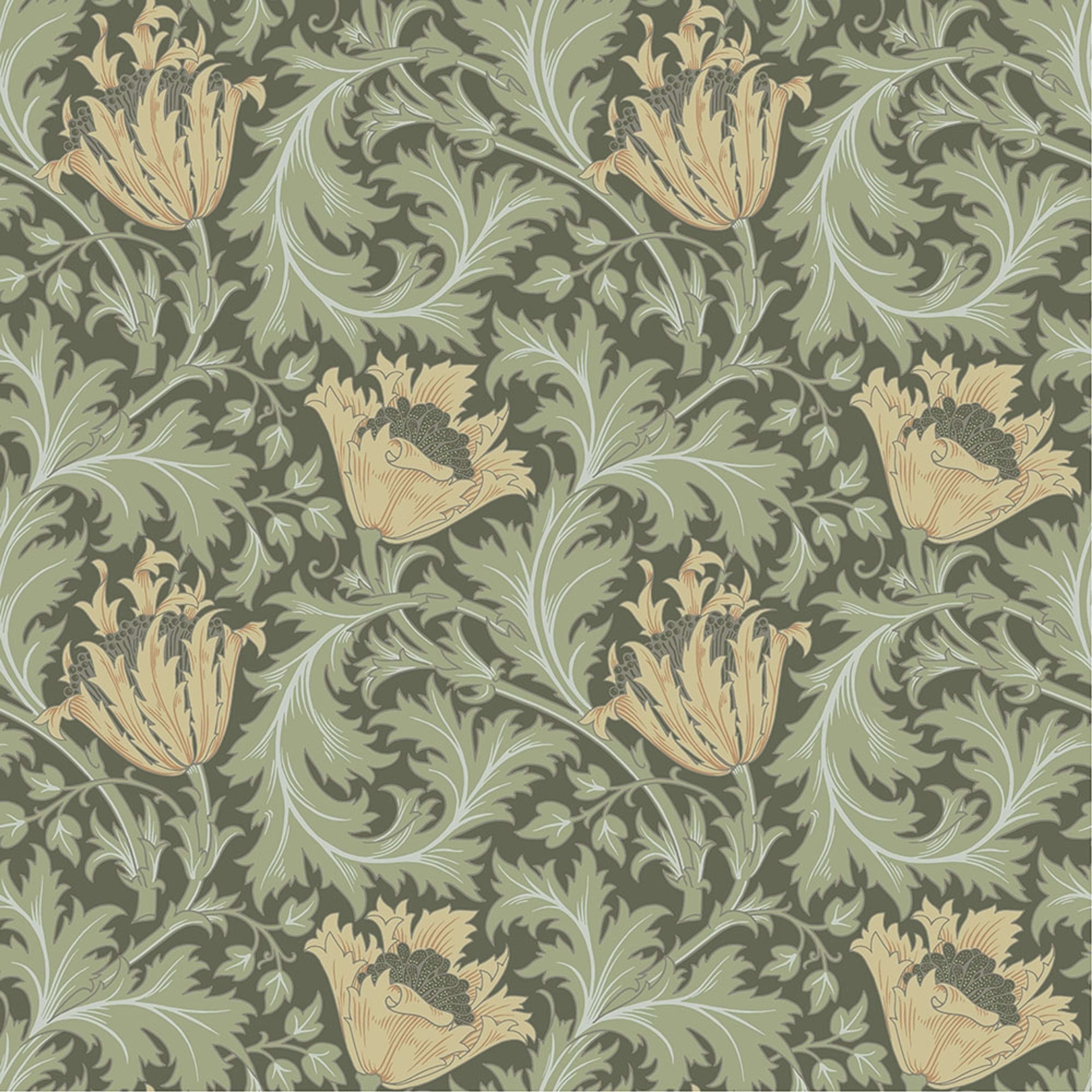 Anemone - W. Morris, grön tapet tapet från Midbec med botaniskt, blommigt mönster i grön. Från kollektionen Hidden Treasures vol 1. Nonwoven-material med rak passning.