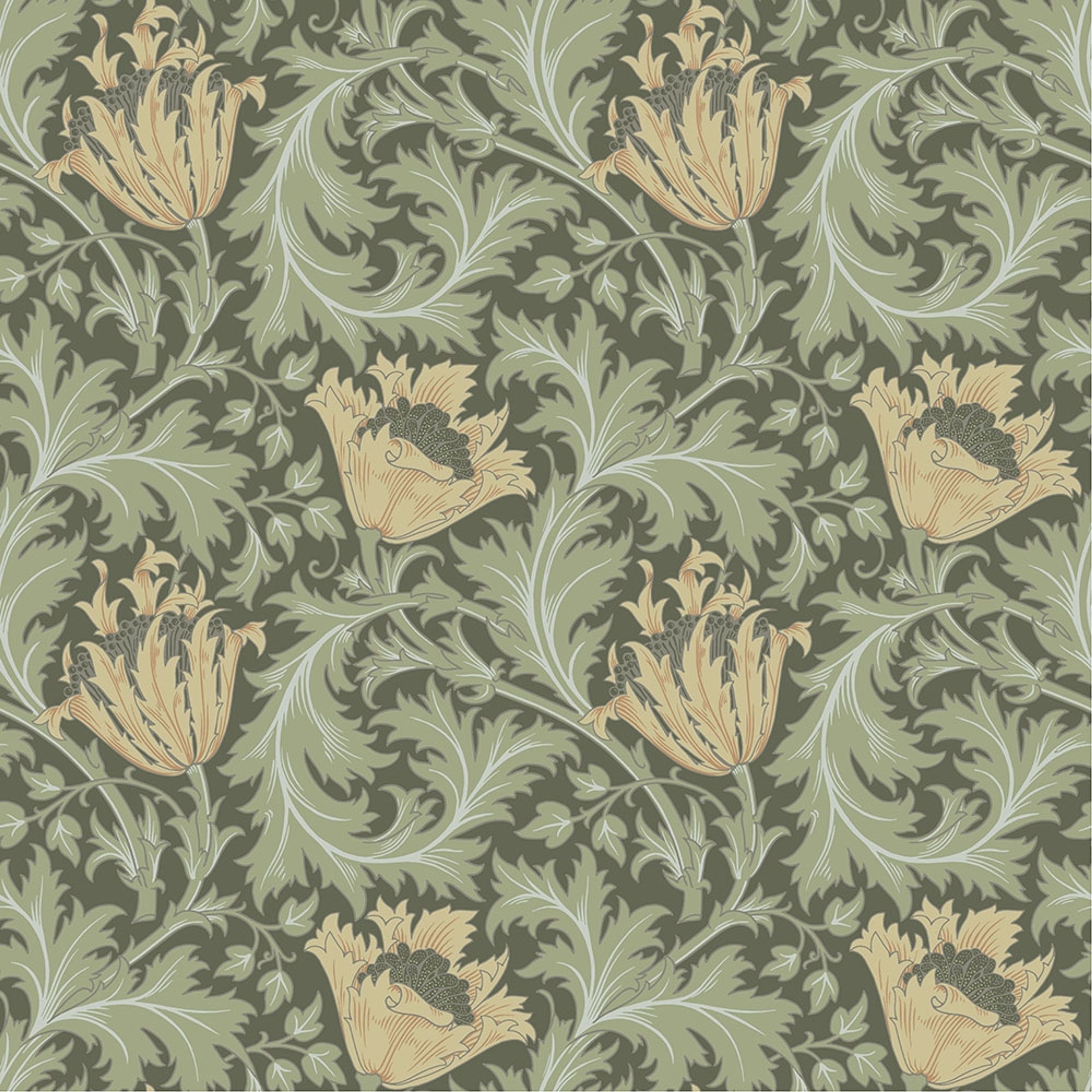 Anemone - W. Morris, grön tapet tapet från Midbec med botaniskt, blommigt mönster i grön. Från kollektionen Hidden Treasures vol 1. Nonwoven-material med rak passning.