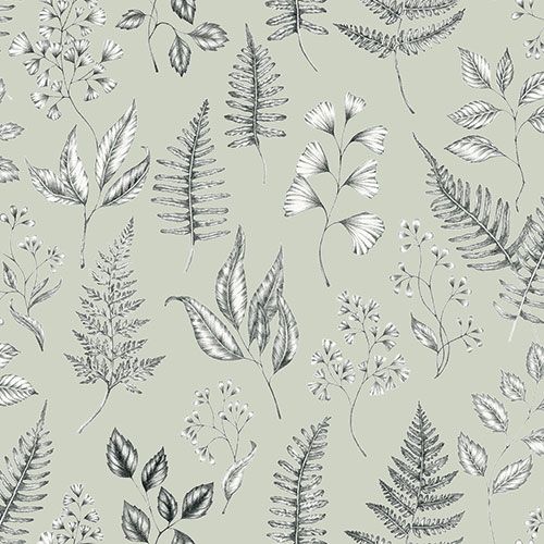 Betula tapet med botaniskt mönster i grön. Från kollektionen skogsgläntan. Nonwoven-material med förskjuten passning. Passar i vardagsrum, sovrum och matsal.