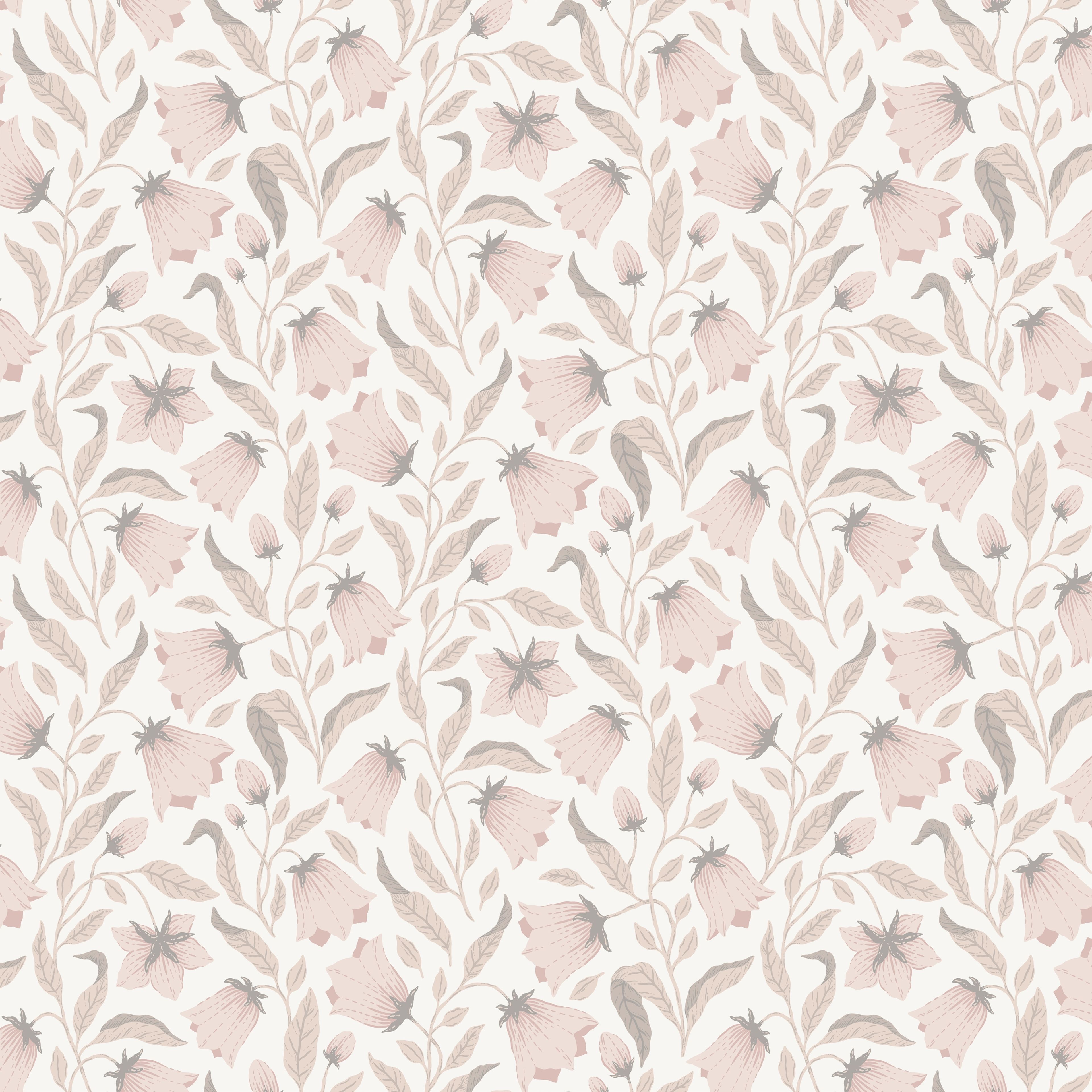 Klara o Tove blåklocka rosa, tapet tapet med blommigt mönster i vit. Från kollektionen Klara o Tove. Nonwoven-material med rak passning. Passar i vardagsrum, sovrum och hall.