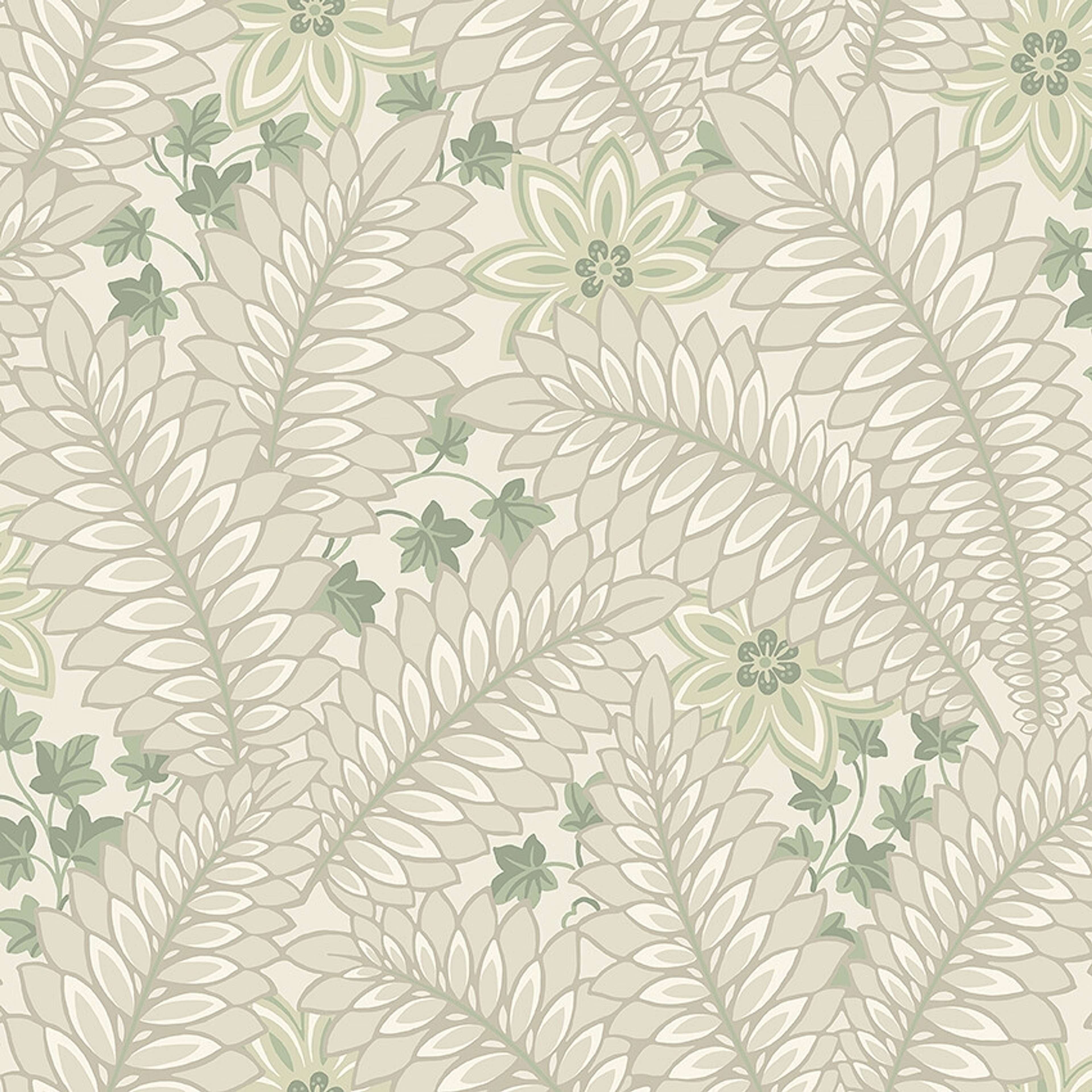 Hidden Ivy tapet i blekt gröna toner tapet med botaniskt, blommigt mönster i beige. Från kollektionen Treasured. Nonwoven-material med förskjuten passning. Passar i kök, hall och arbetsrum.