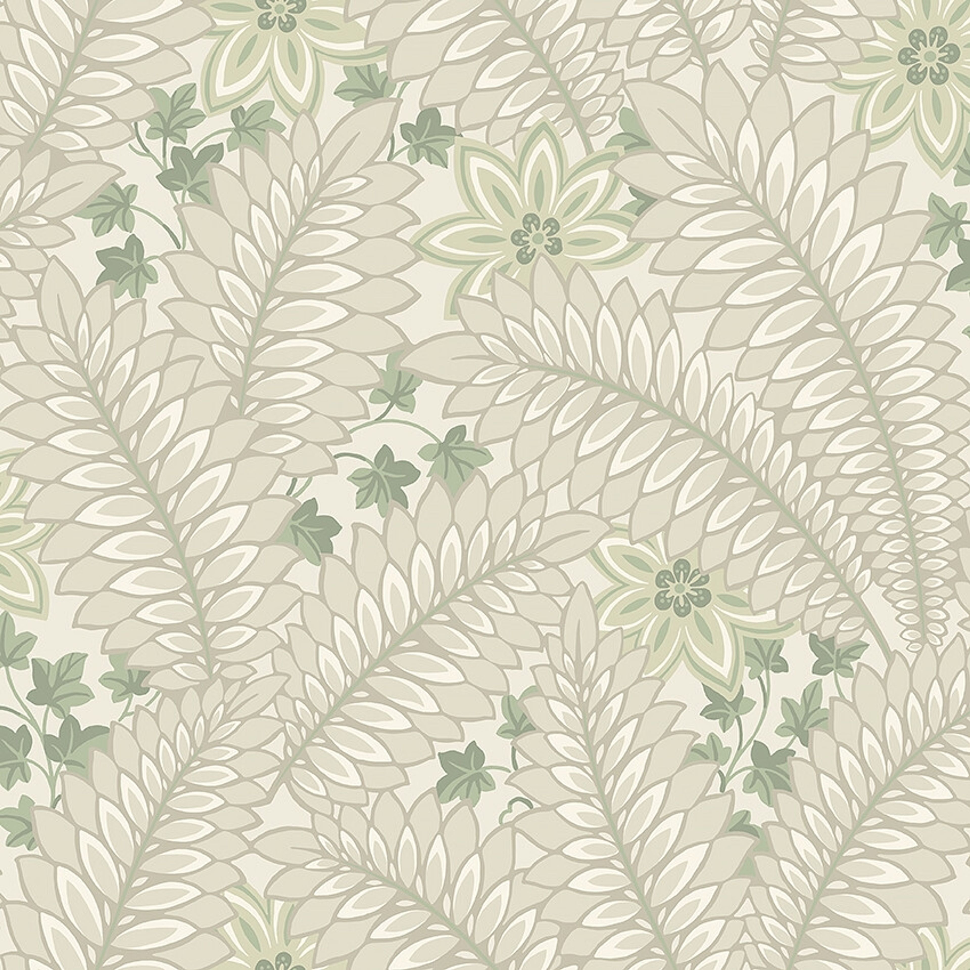 Hidden Ivy tapet i blekt gröna toner tapet med botaniskt, blommigt mönster i beige. Från kollektionen Treasured. Nonwoven-material med förskjuten passning. Passar i kök, hall och arbetsrum.
