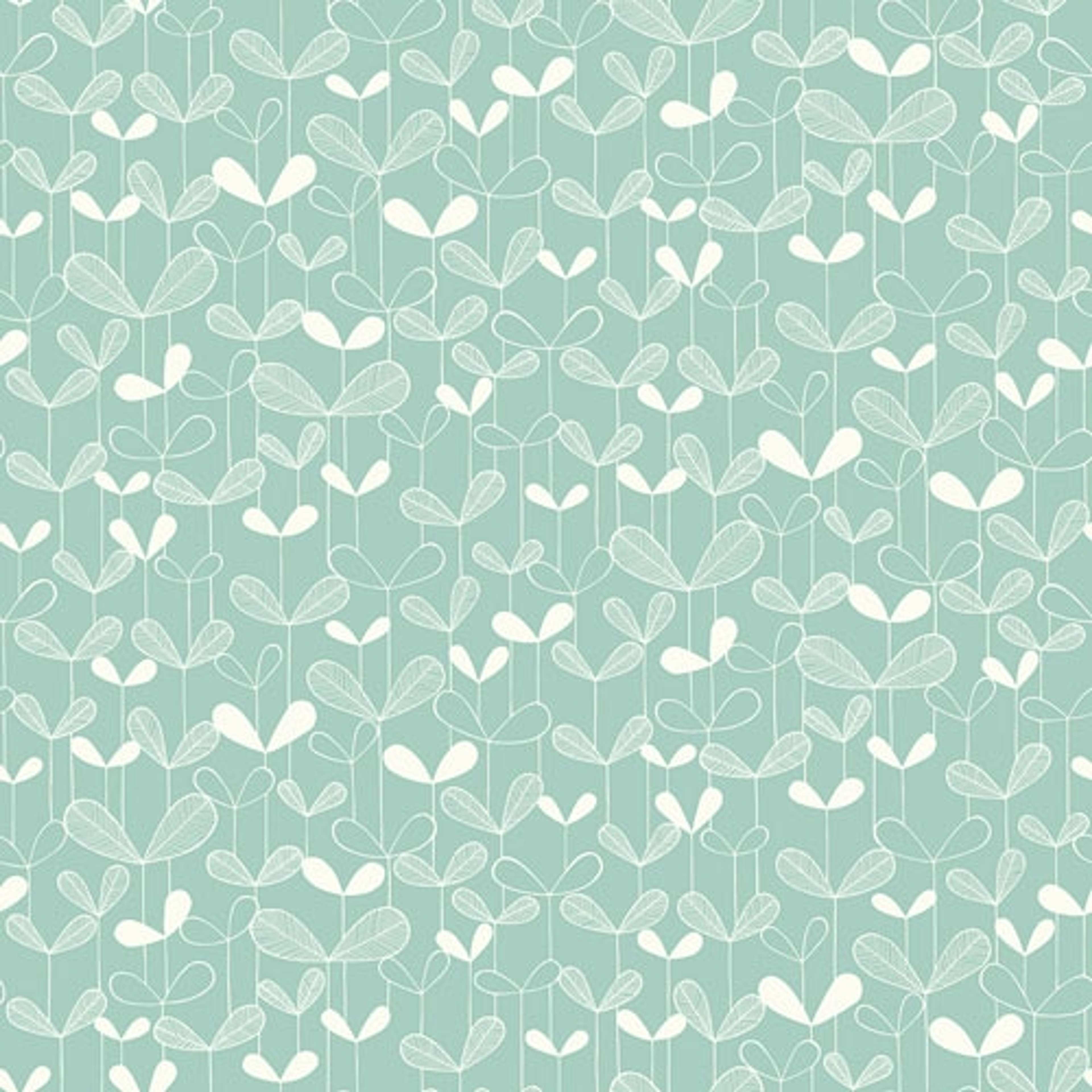 Saplings Pale Aqua tapet från Midbec med botaniskt, retro mönster i turkos. Från kollektionen Kinfolk. Nonwoven-material med förskjuten passning.