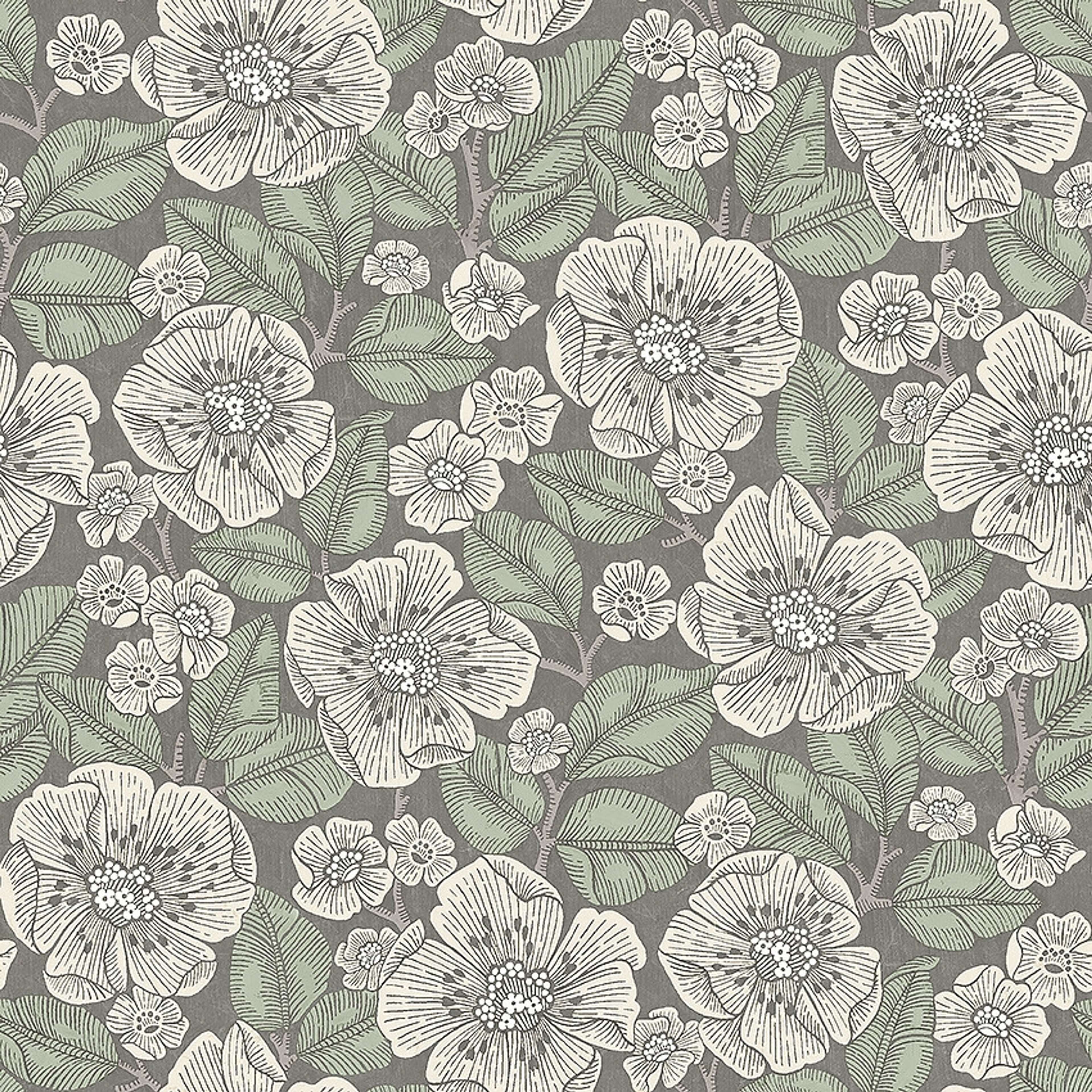 Borosan 21 8618 tapet med blommigt mönster i grön. Från kollektionen Borosan 21. Papper-material med rak passning.