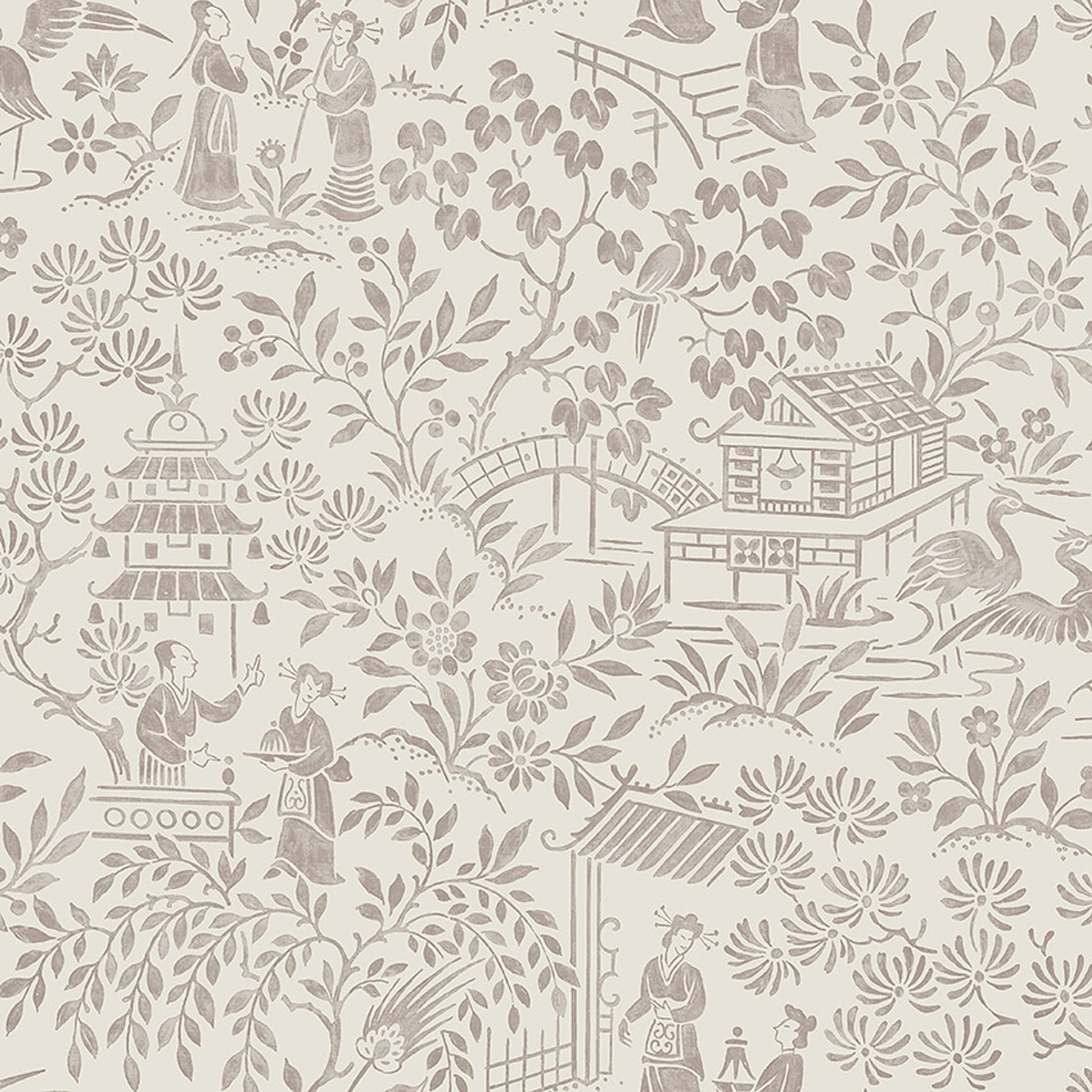 Oriental Garden tapet tapet med botaniskt mönster i beige. Från kollektionen Dreamy Escape. Nonwoven-material med förskjuten passning. Passar i vardagsrum och matsal.