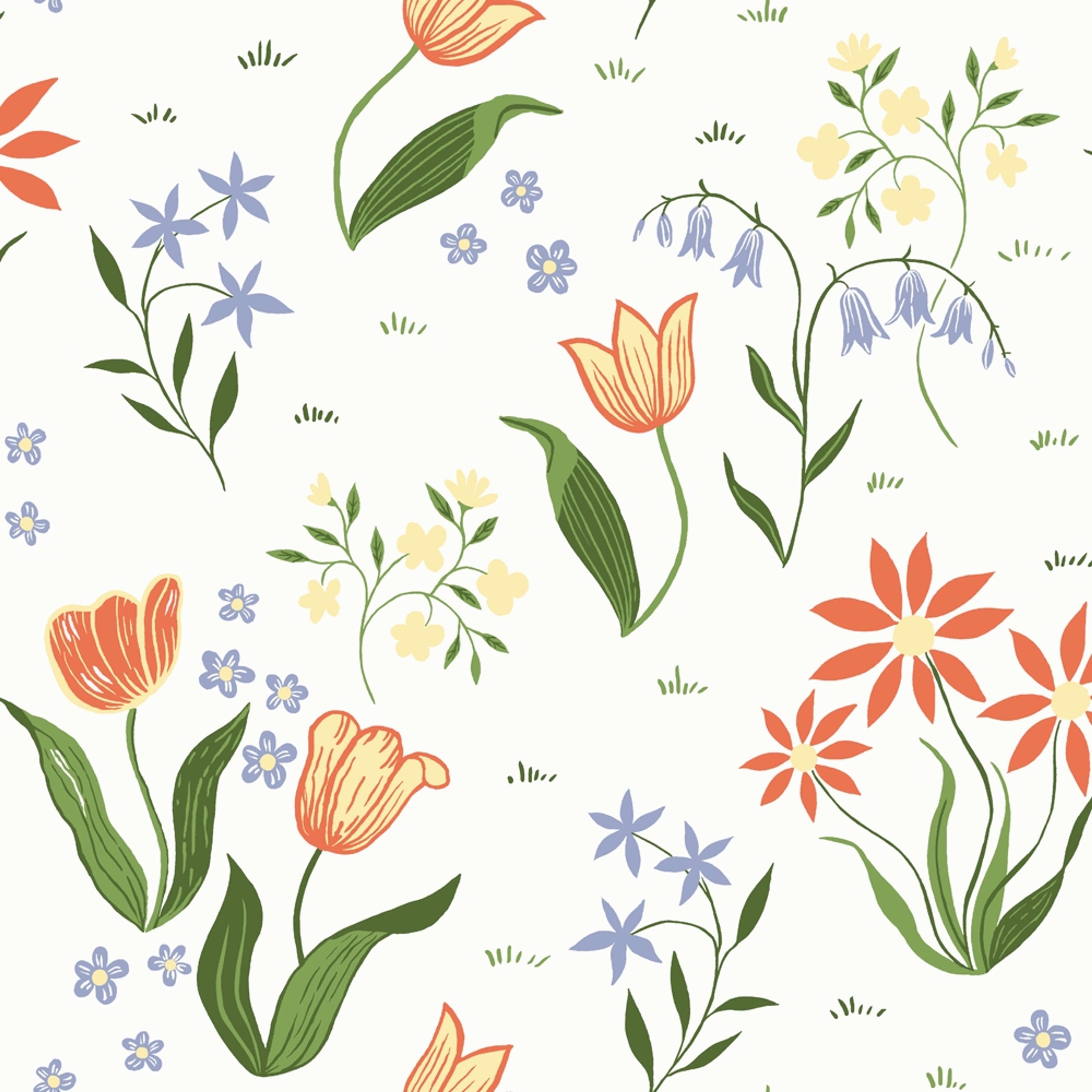 Tulpandans, orange tapet tapet med blommigt mönster i orange. Från kollektionen Långenäs. Nonwoven-material med förskjuten passning.