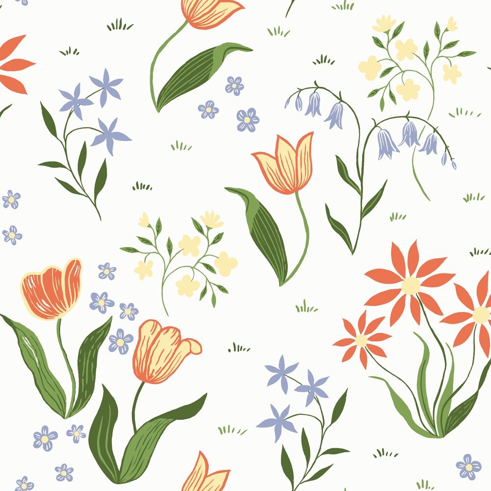 Tulpandans, orange tapet tapet med blommigt mönster i orange. Från kollektionen Långenäs. Nonwoven-material med förskjuten passning.
