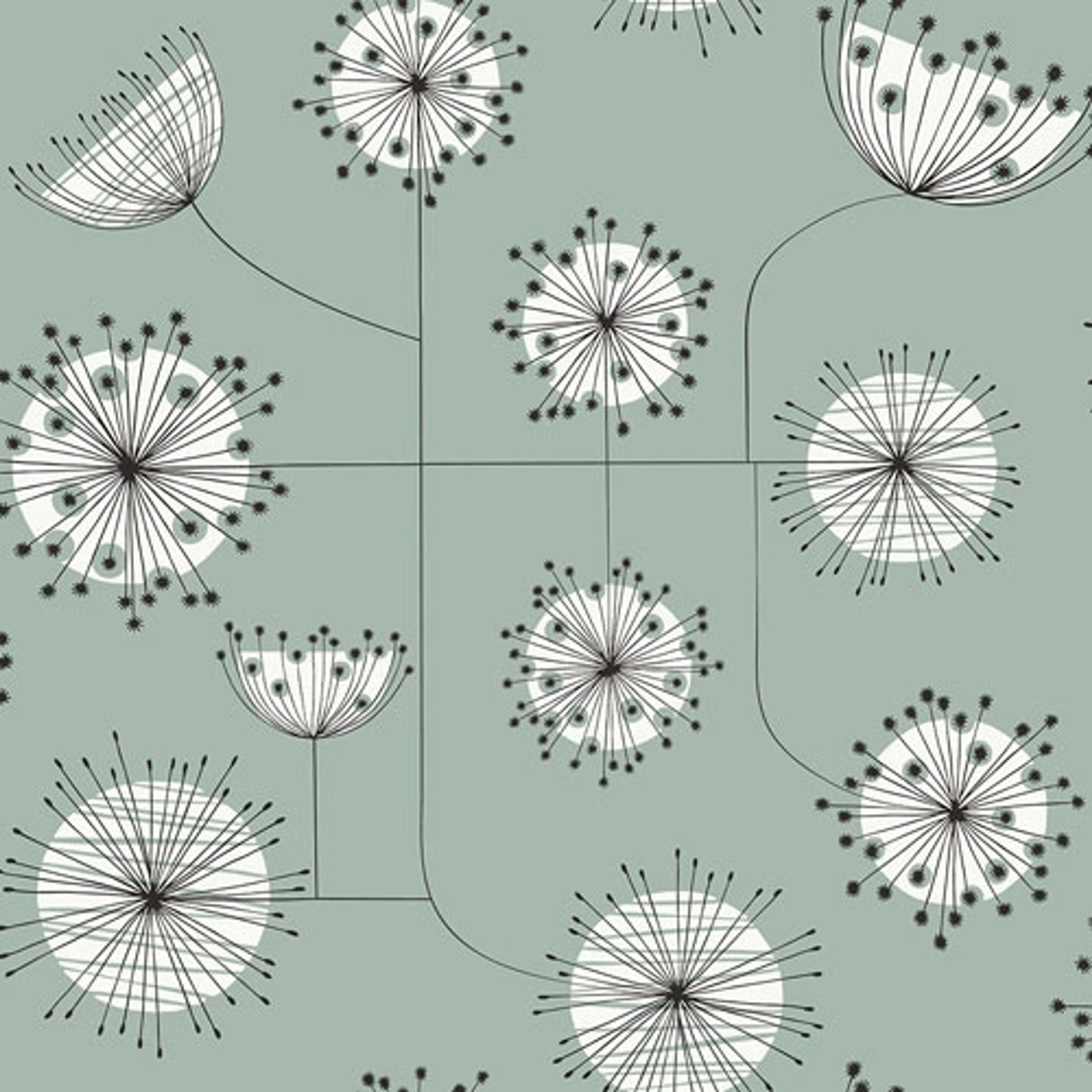 Dandelion Mobile Ashness tapet från Midbec med blommigt, retro mönster i grå. Från kollektionen Kinfolk. Nonwoven-material med förskjuten passning.