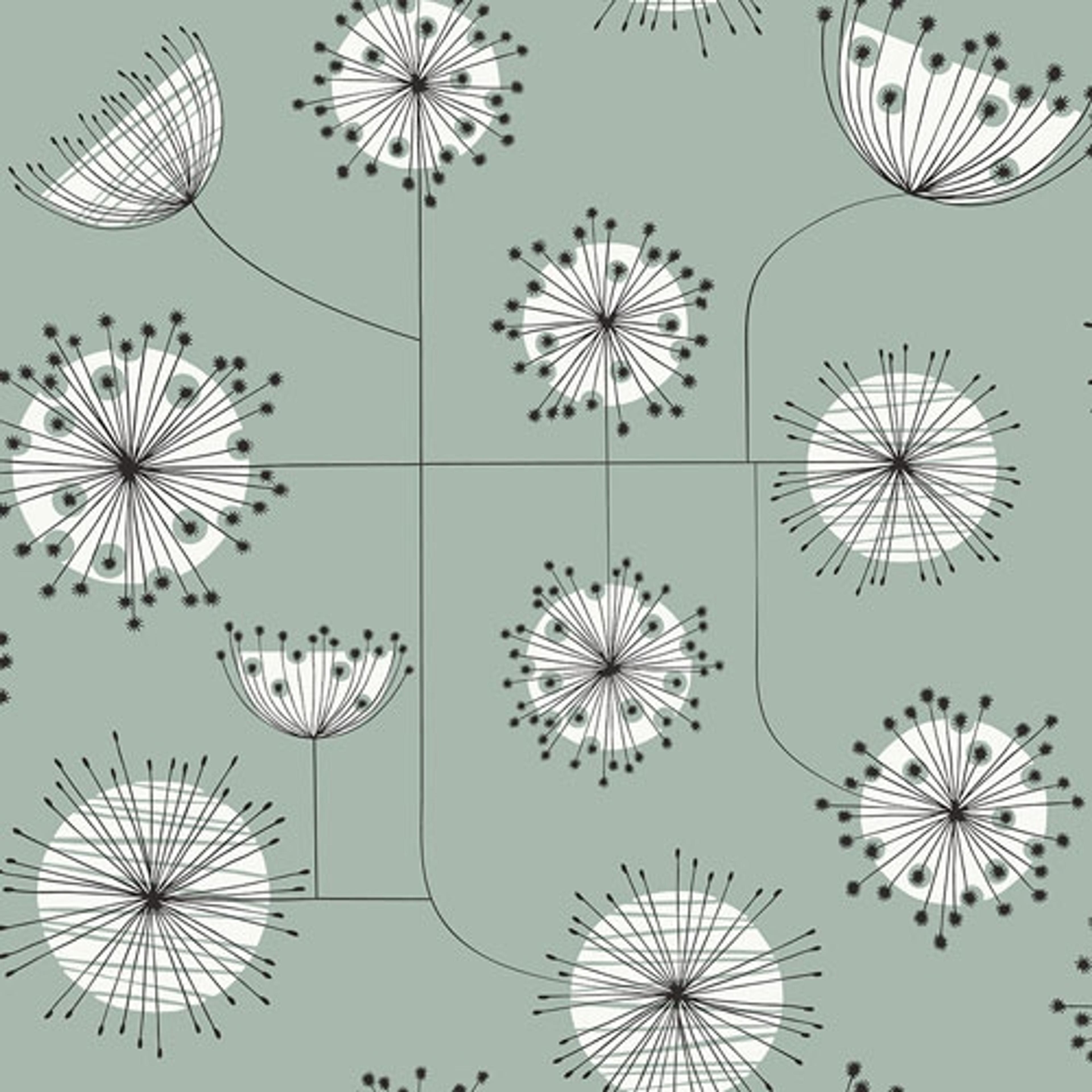 Dandelion Mobile Ashness tapet från Midbec med blommigt, retro mönster i grå. Från kollektionen Kinfolk. Nonwoven-material med förskjuten passning.