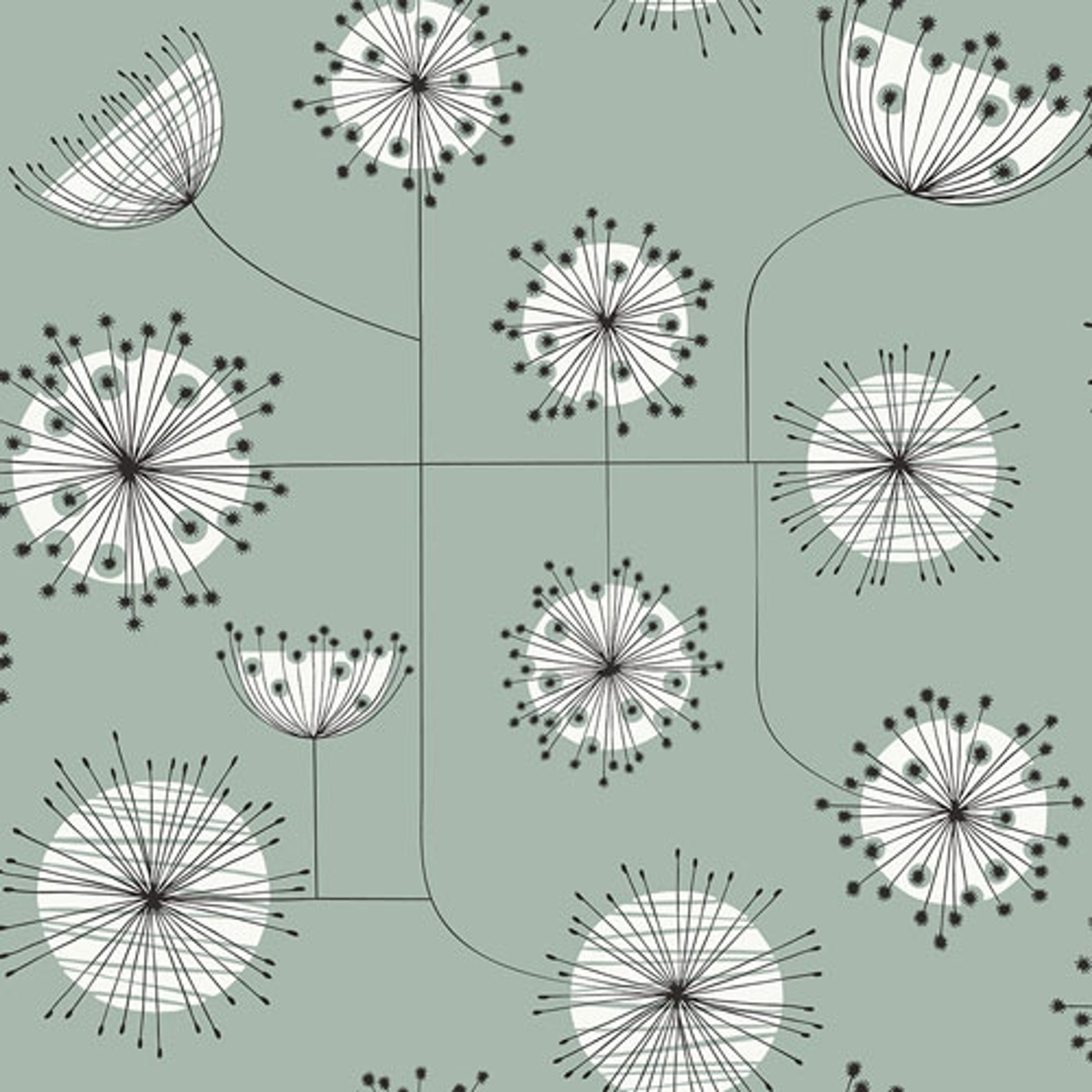 Dandelion Mobile Ashness tapet från Midbec med blommigt, retro mönster i grå. Från kollektionen Kinfolk. Nonwoven-material med förskjuten passning.