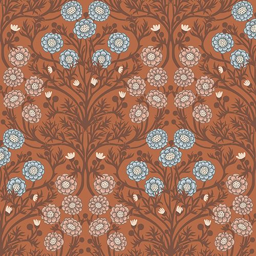Bellis små blommor, rödorange tapet från Midbec med blommigt mönster i röd. Från kollektionen Ekbacka. Nonwoven-material med förskjuten passning.