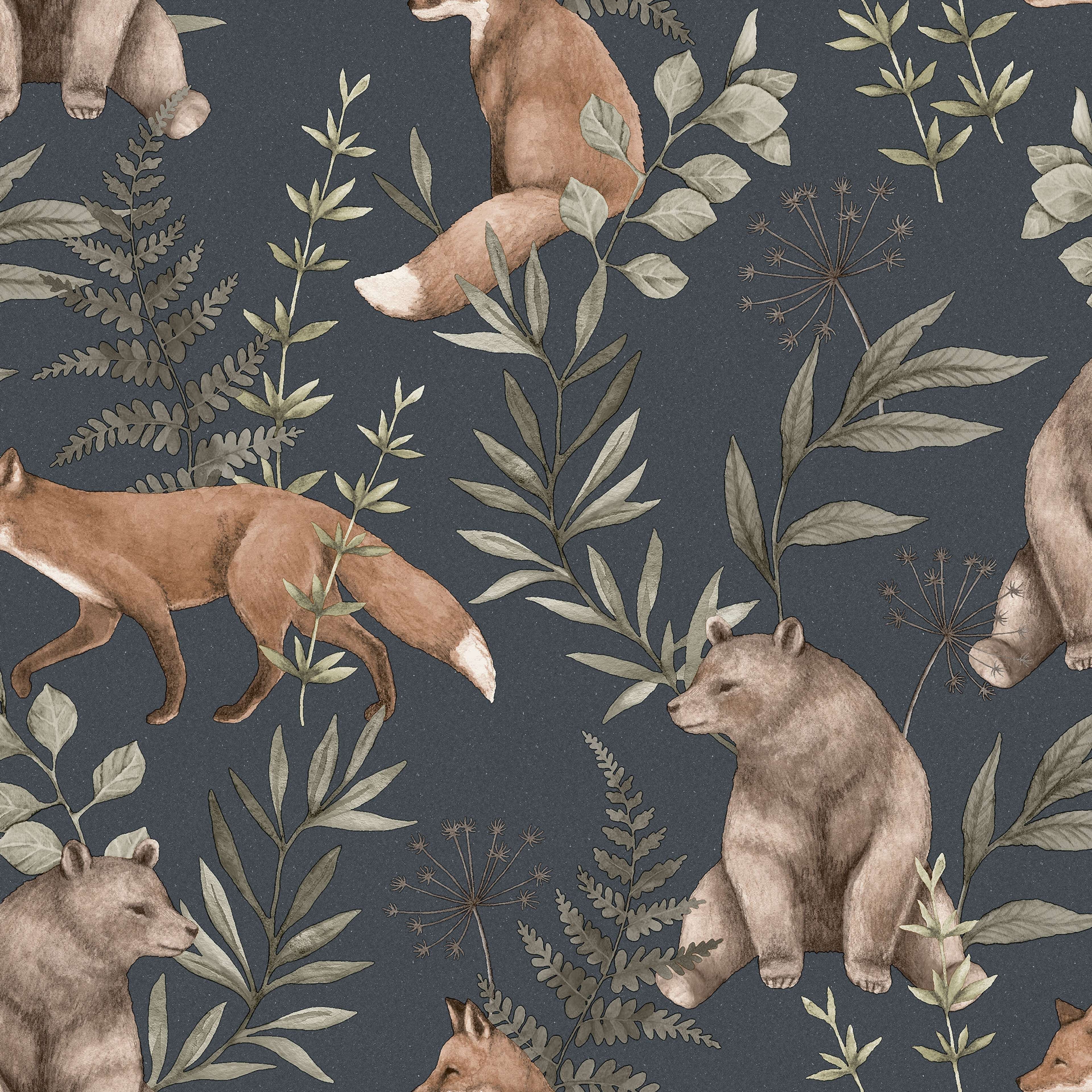 Wild Forest blå, tapet tapet med djur, barnrum, naturochlandskap mönster i blå. Från kollektionen Newbie II Wallpaper. Nonwoven-material med förskjuten passning. Passar i barnrum.