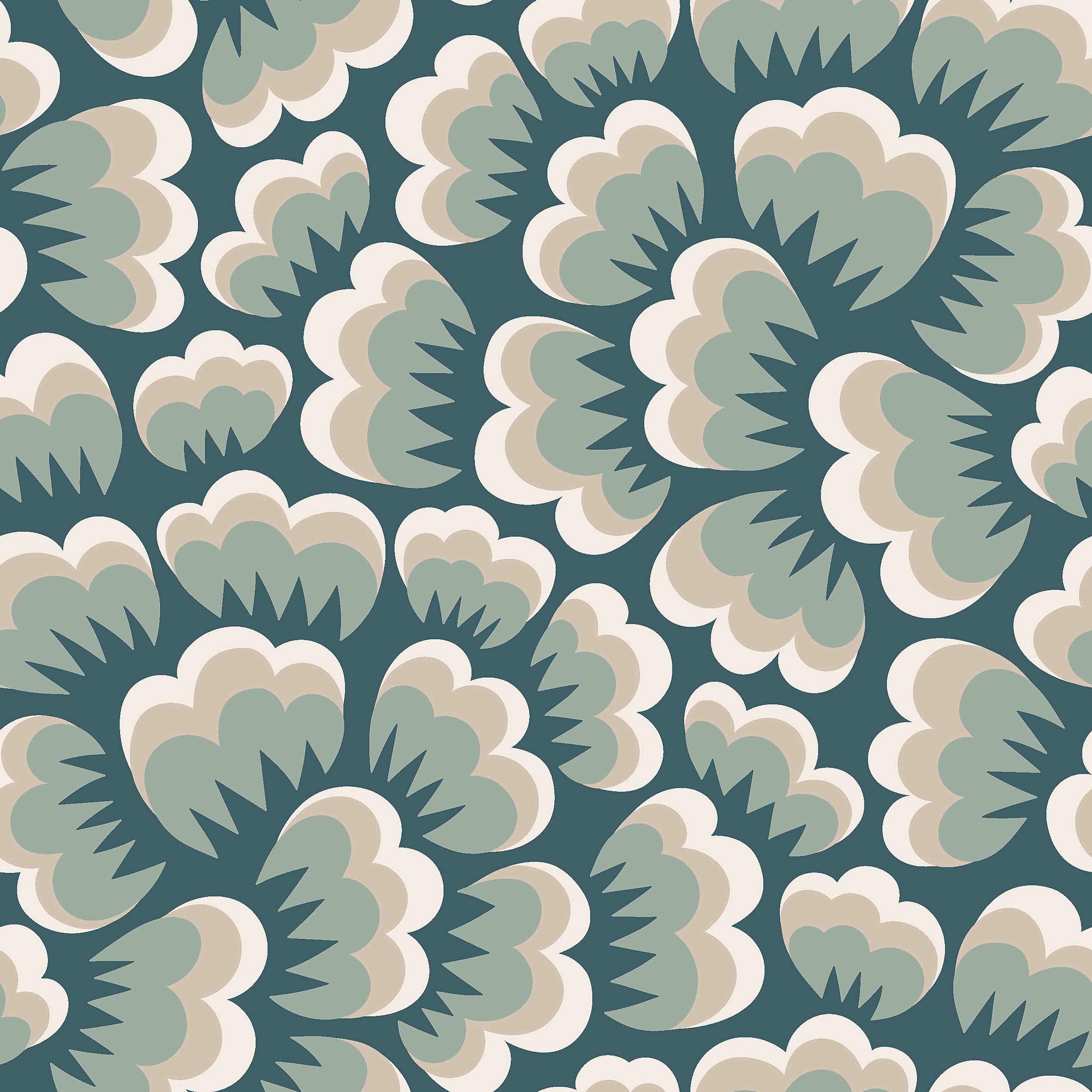 Hanna Werning Bom Bom grön, tapet tapet med blommigt, grafiskt mönster i grön. Från kollektionen swedish designers. Nonwoven-material med rak passning.