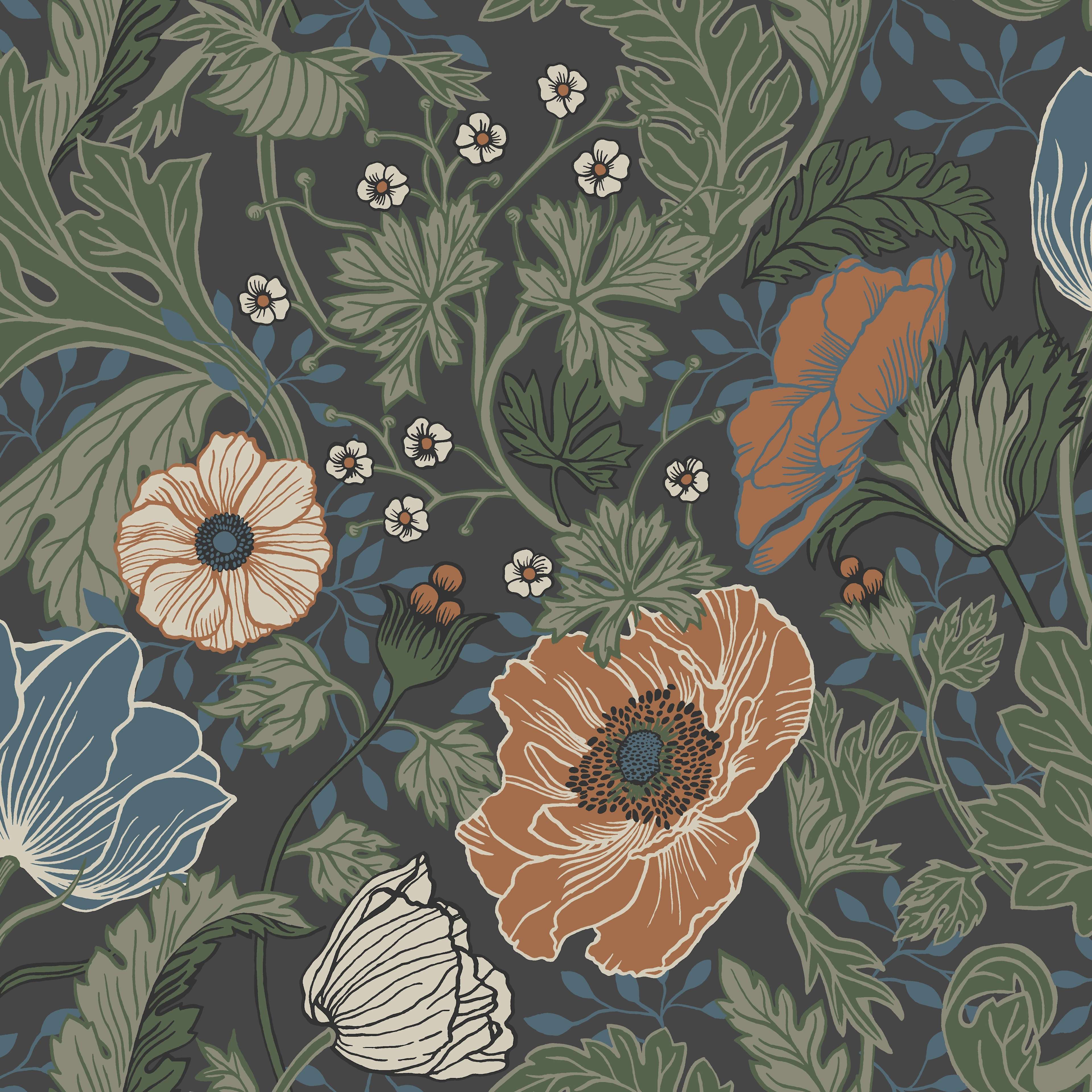 Anemone, brun tapet från Midbec med blommigt mönster i brun. Från kollektionen Apelviken. Nonwoven-material med förskjuten passning.