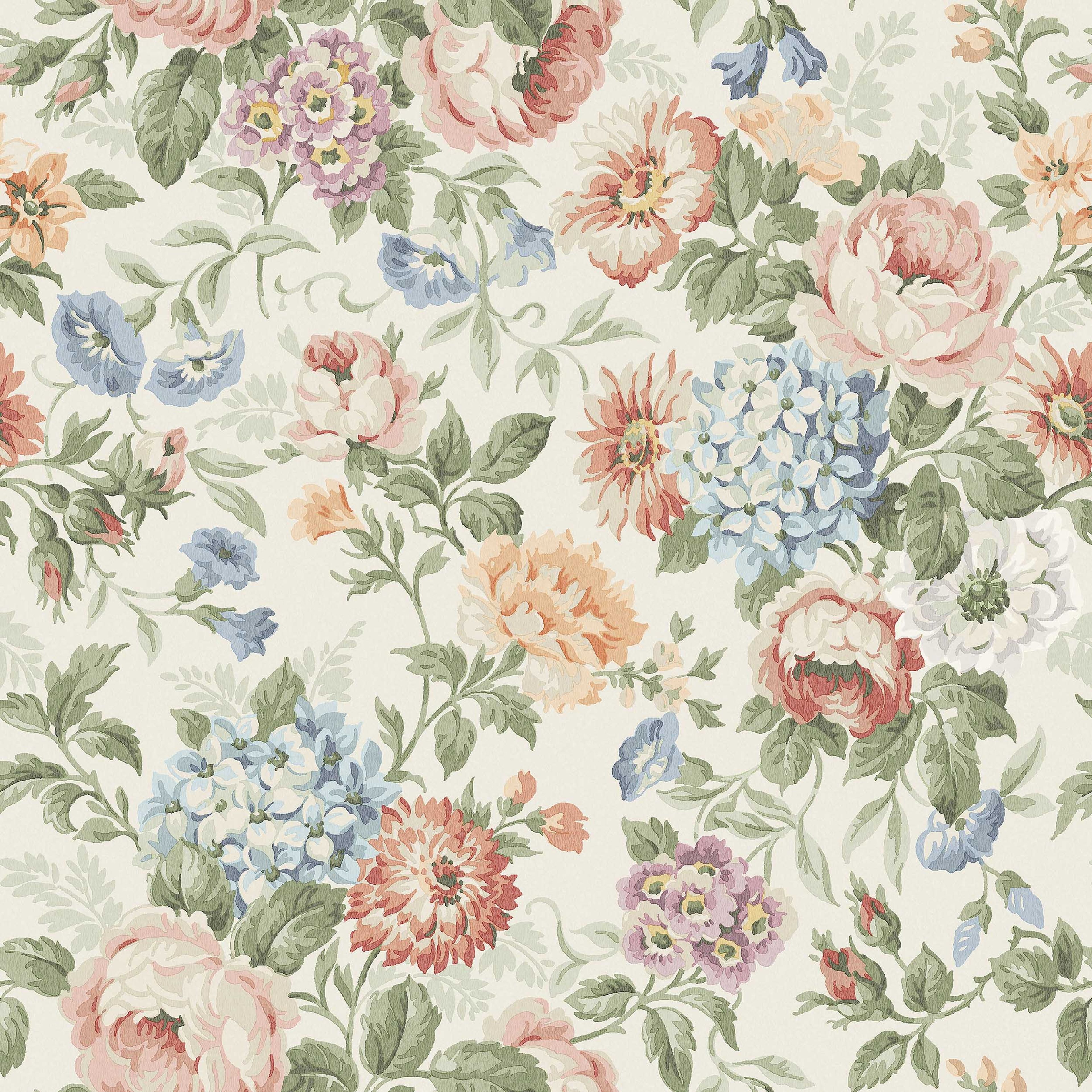 Hortensia vit, tapet tapet med botaniskt, blommigt mönster. Från kollektionen Orangeri. Nonwoven-material med rak passning. Passar i hall.