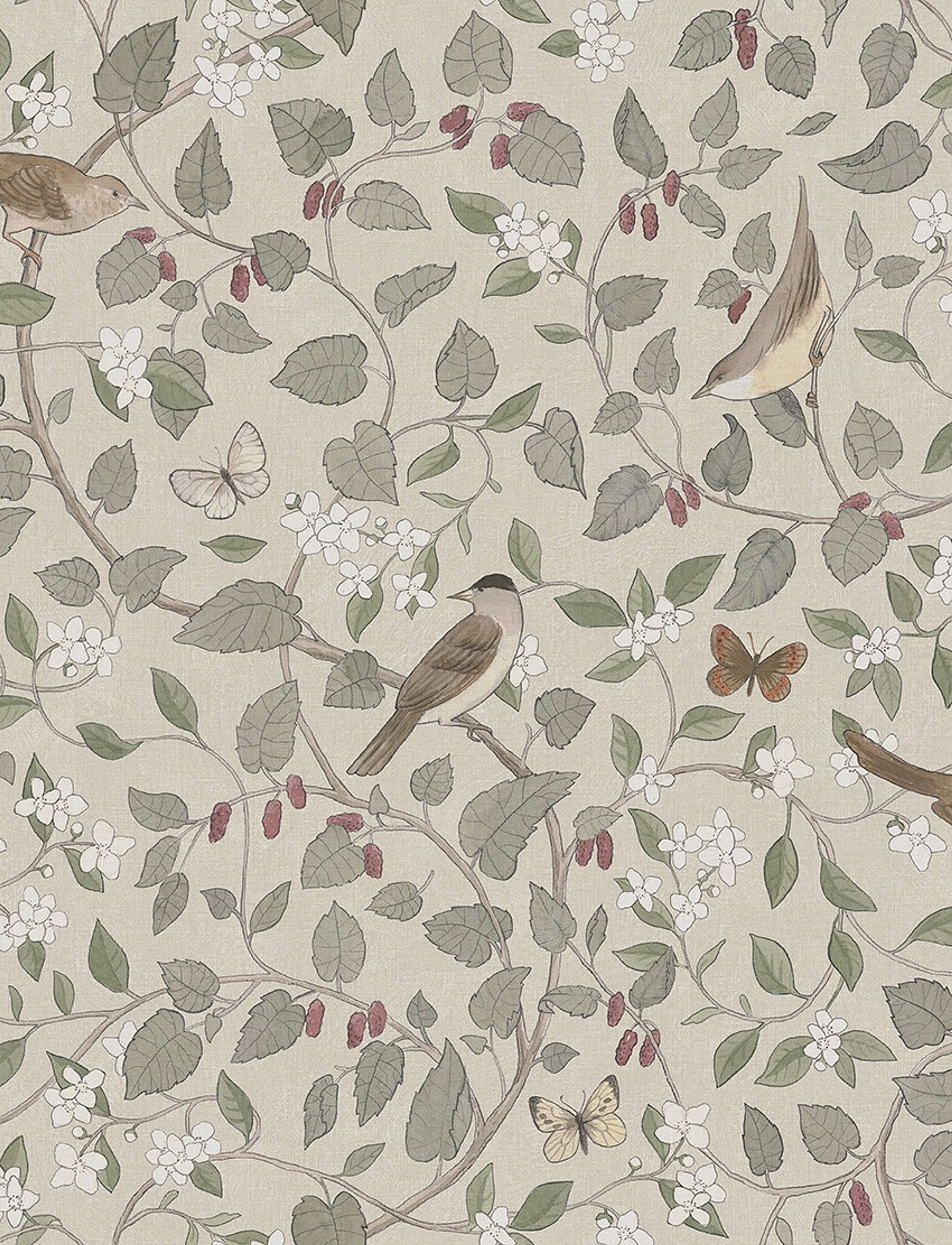 Sångfåglar tapet med djur, botaniskt, blommigt mönster i beige. Från kollektionen specialeditionflowery. Nonwoven-material med förskjuten passning.