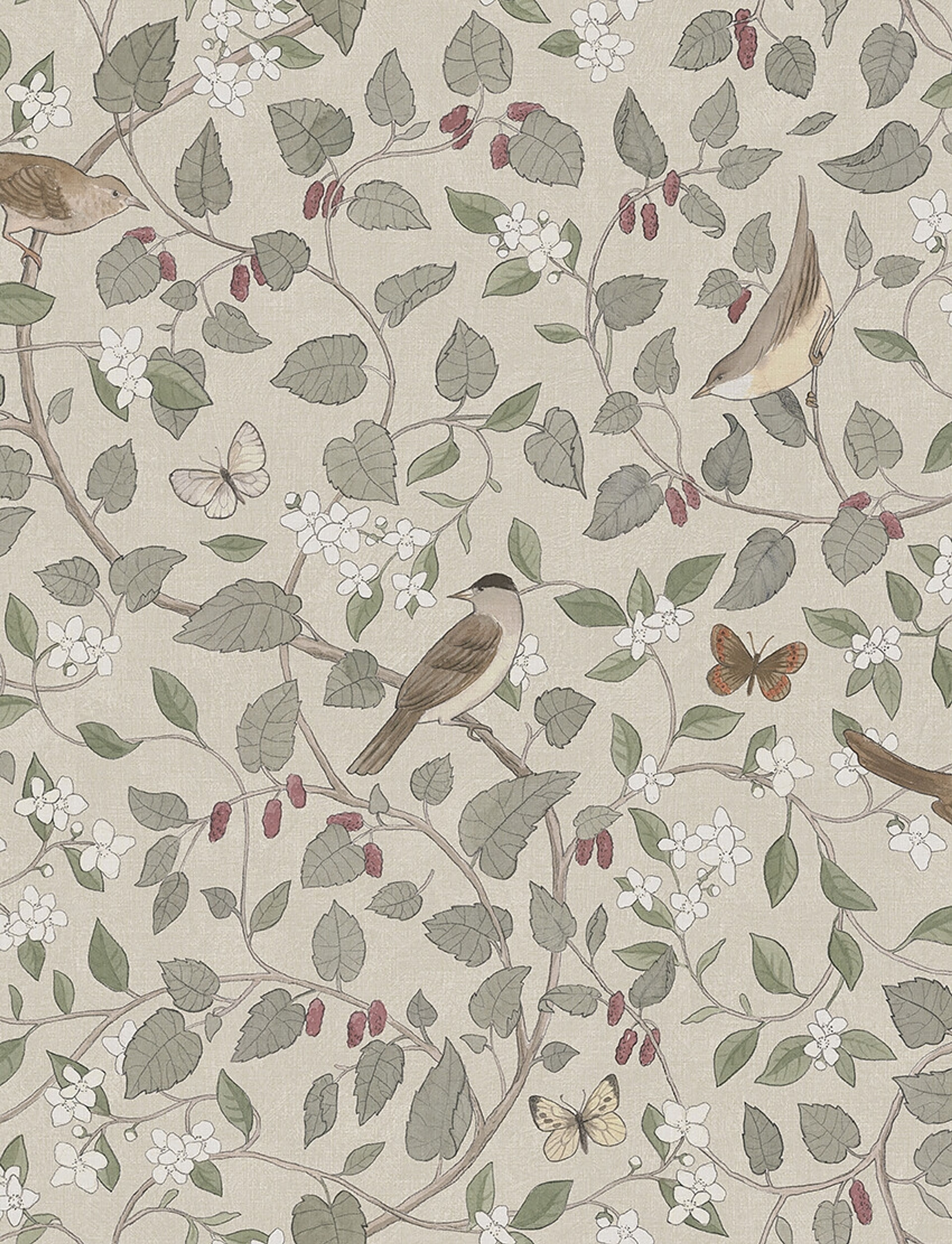 Sångfåglar tapet med djur, botaniskt, blommigt mönster i beige. Från kollektionen specialeditionflowery. Nonwoven-material med förskjuten passning.